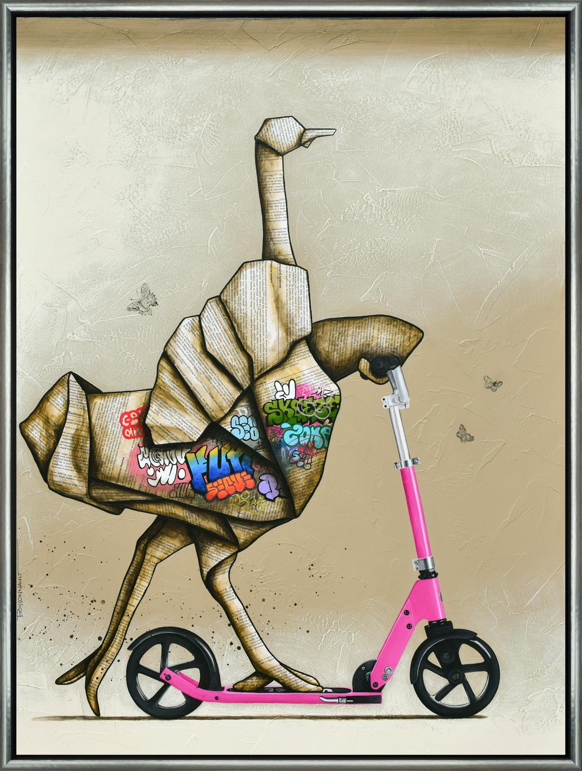 "Happiness Is On My Kick Scooter" Contemporary Framed Mixed Media on Canvas - Mixed Media Art by Nathalie Boissonnault