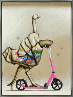 "Happiness Is On My Kick Scooter" Contemporary gerahmt Mixed Media auf Leinwand
