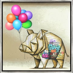 "Happy Day" Mixed Media Origami Pig with Balloons On Canvas Framed