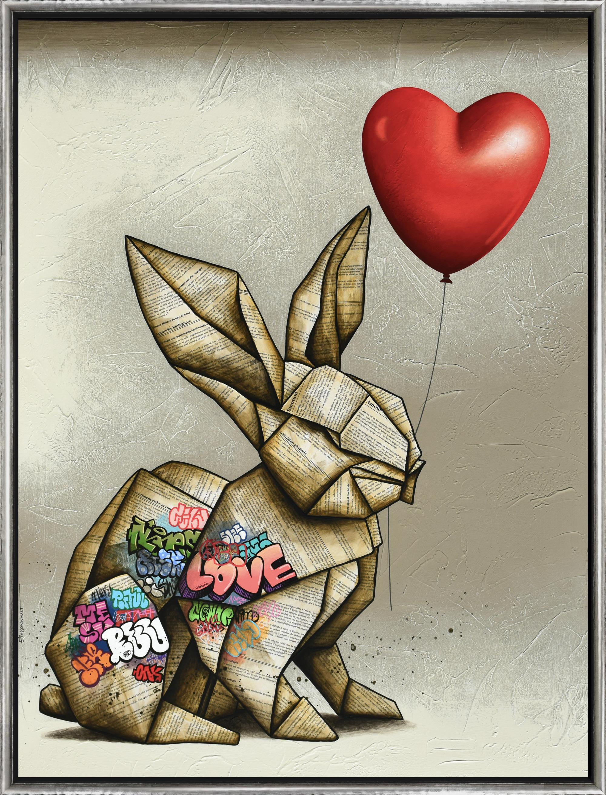 Nathalie Boissonnault Animal Painting - "Le Messager" Contemporary Mixed Media Rabbit on Canvas Framed