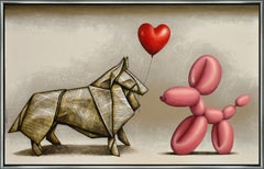 "Pour Un Baiser" Perro Globo Técnica mixta sobre lienzo Cuadro enmarcado con collage