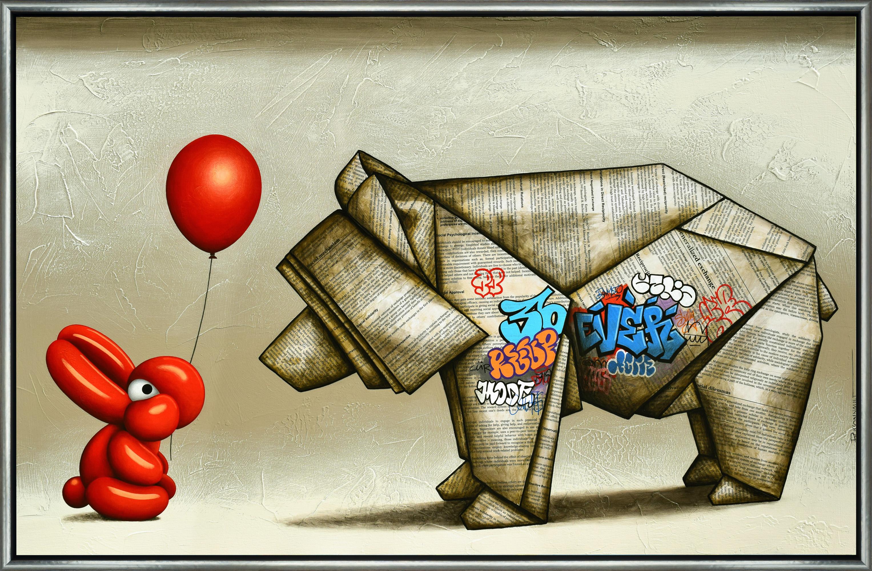 "Structural Relations" Mixed Media Bear with Bright Red Balloon Animal Rabbit