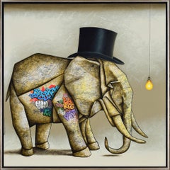 "Die Straße der Herren" Elefant mit Glühbirne aus strukturiertem Mischmaterial