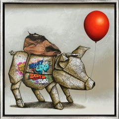 "Ciao!" Mixed Media Pig with Balloon and Graffiti Detail 