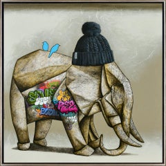 "Desinvolte" Mixed Media Elephant with Winter Hat and Graffiti Detail