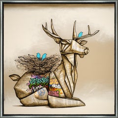 "Resilients" Mixed Media Painting Deer with Bird's Nest and Graffiti Details