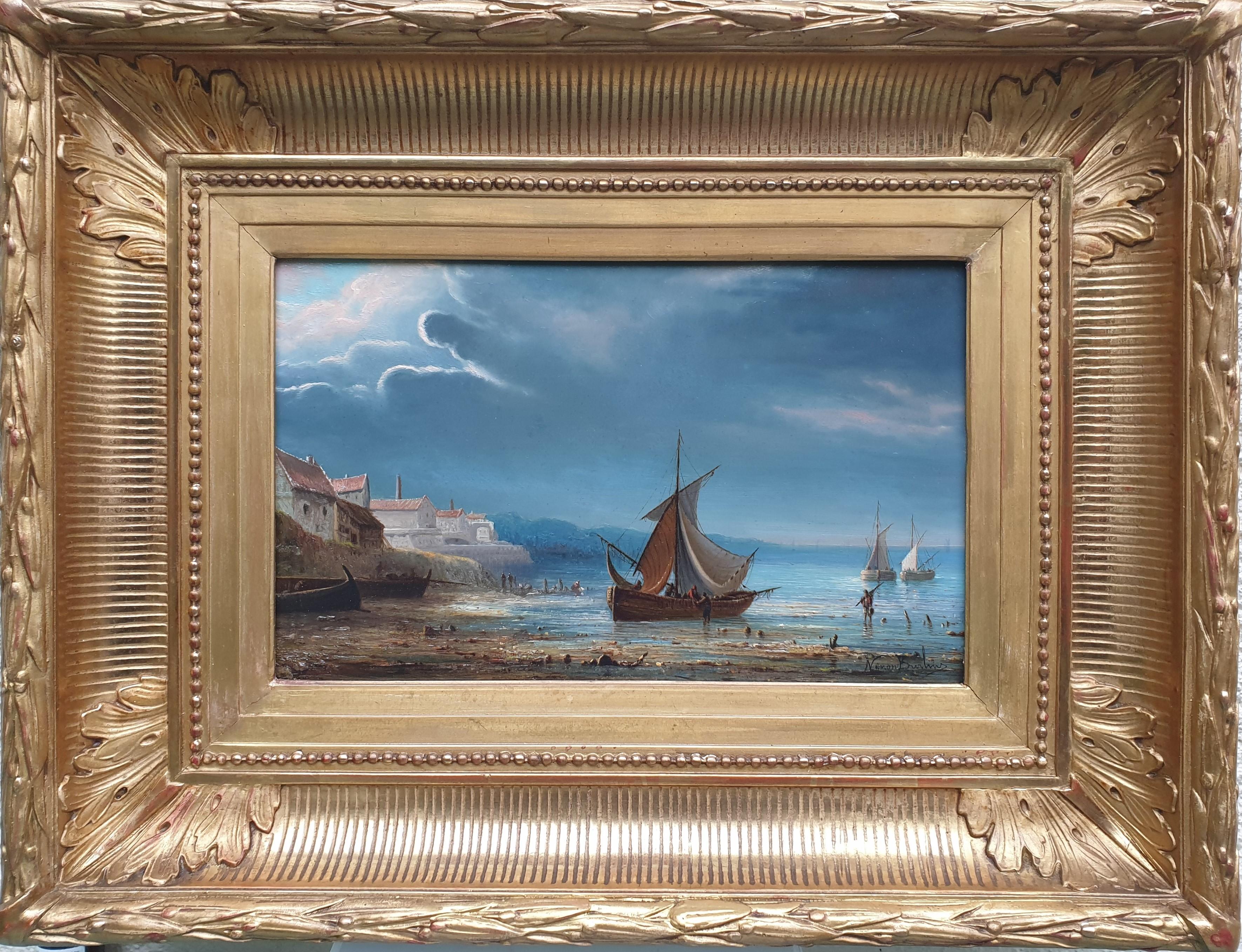 Nathalie BURLIN Landscape Painting - Painting marine boats sea Normandy BURLIN GUDIN romantic french 19th 