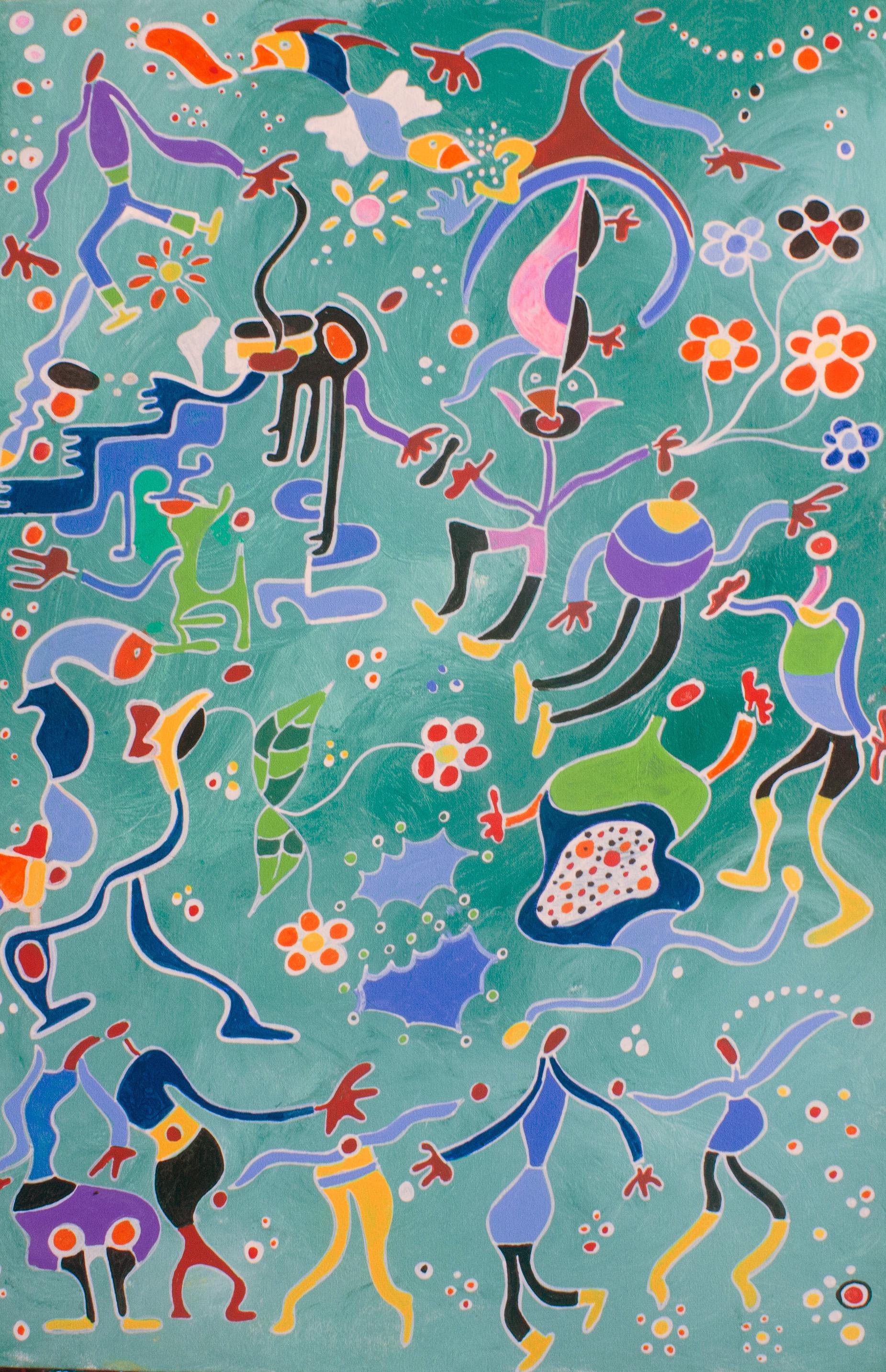Nathalie Gribinski-Garric Figurative Painting - Spiritual Gathering - Whimsical Surrealism Painting