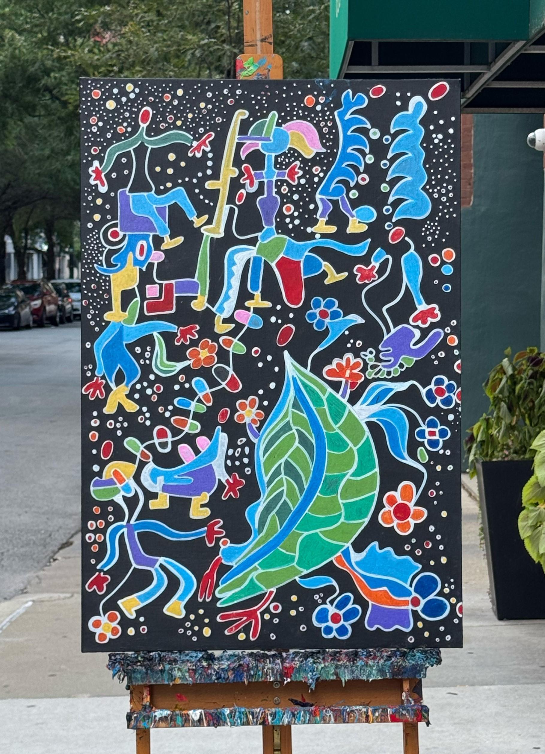 <p>Commentaires de l'artiste<br>Des formes et des couleurs vibrantes sur un fond noir profond symbolisent un jardin cosmique de l'imagination. Figures, fleurs et formes abstraites s'entremêlent, créant une composition dynamique pleine d'énergie et