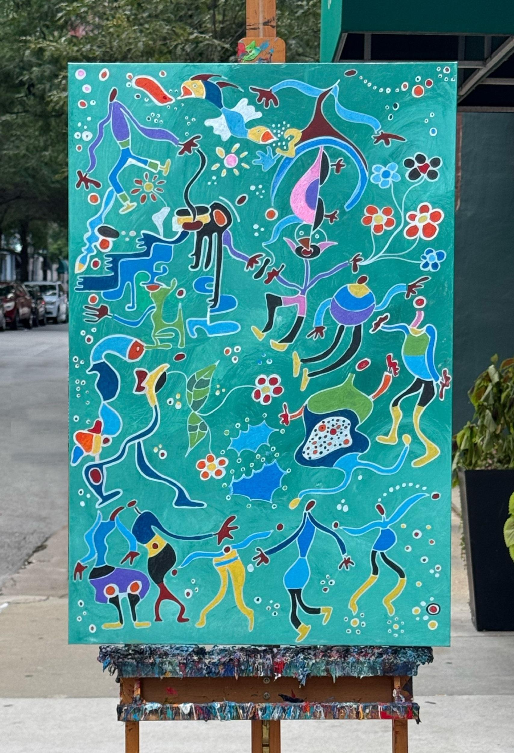 <p>Kommentare des Künstlers<br>Figuren, Tiere und Blumen tanzen in Harmonie miteinander. Freihändig gemalt, fließt jede Form natürlich und verkörpert Bewegung und Verbindung. Der sattgrüne Hintergrund erinnert an Wachstum und Erneuerung, während die