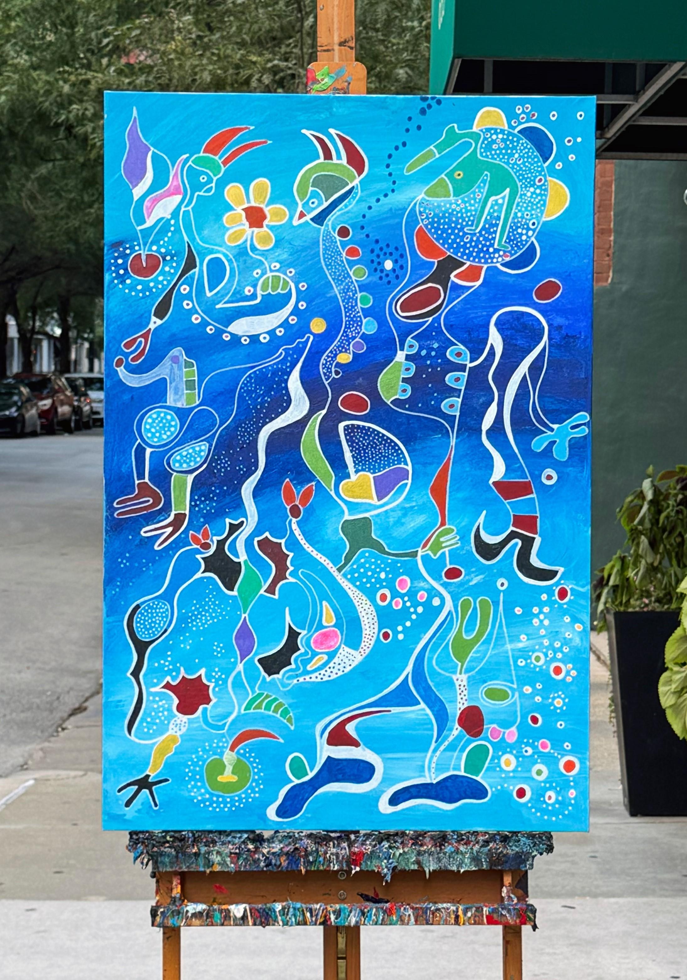 <p>Artist Comments<br>This painting captures the essence of connection and exchange, like a conversation unfolding in a dream. Figures and organic shapes rise and flow through a luminous sea of blue, evoking a sense of depth and calm. Bright dots