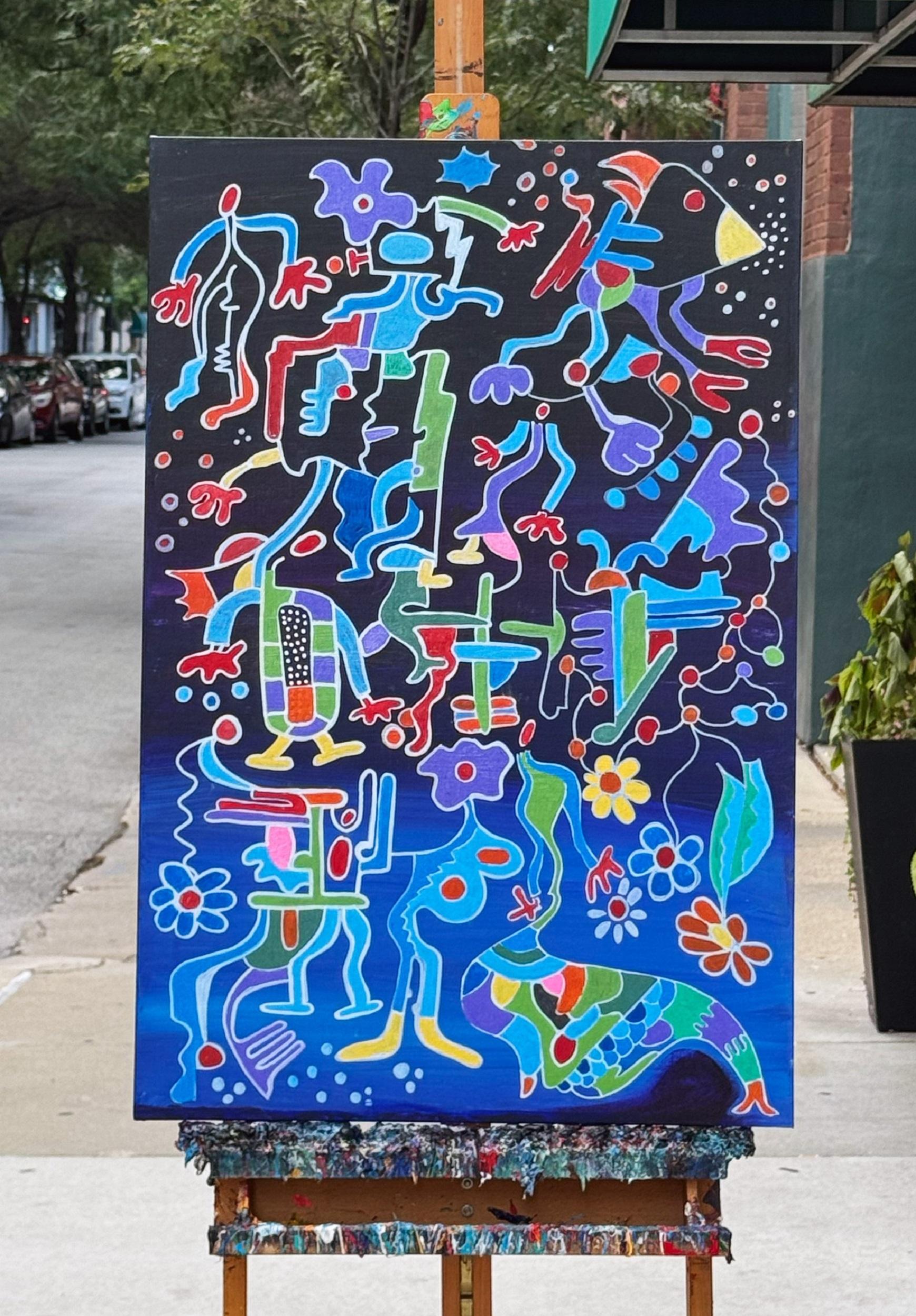 <p>Artist Comments<br>Creatures and plants coexist in a whimsical dance. The dark background contrasts with the colorful figures, capturing artist Nathalie Gribinski's playful energy and curious wonder while bringing this imaginative world to life.