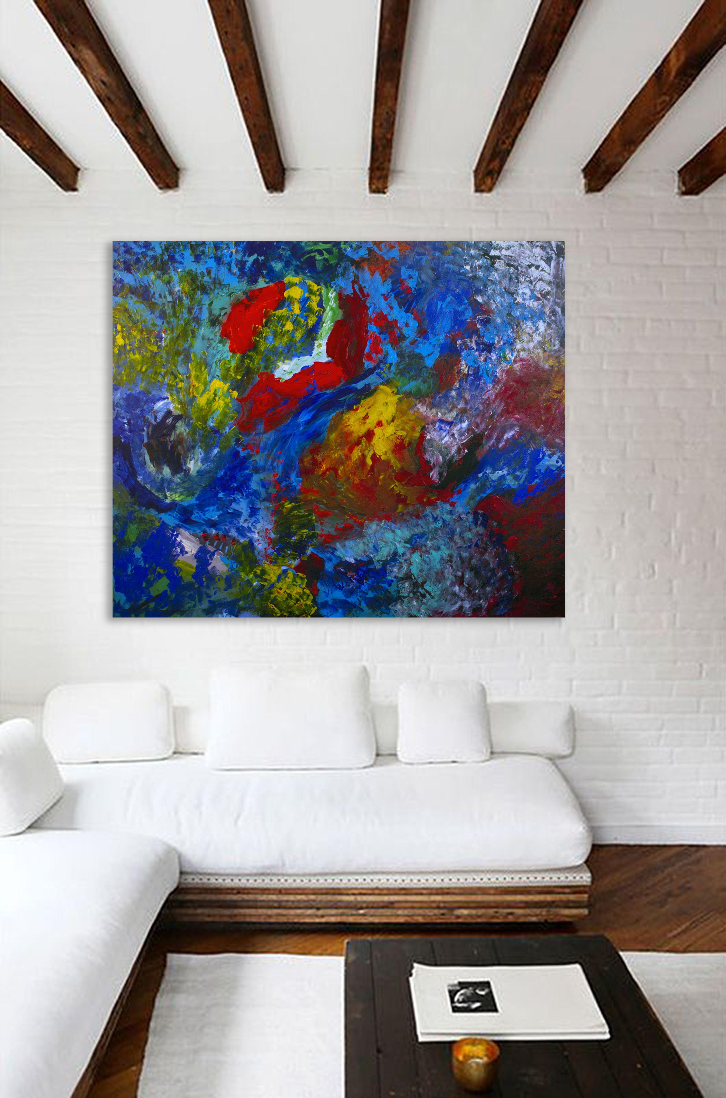 Falò nell'azzurro, Pittura, Acrilico su tela - Painting di Nathalie Gribinski
