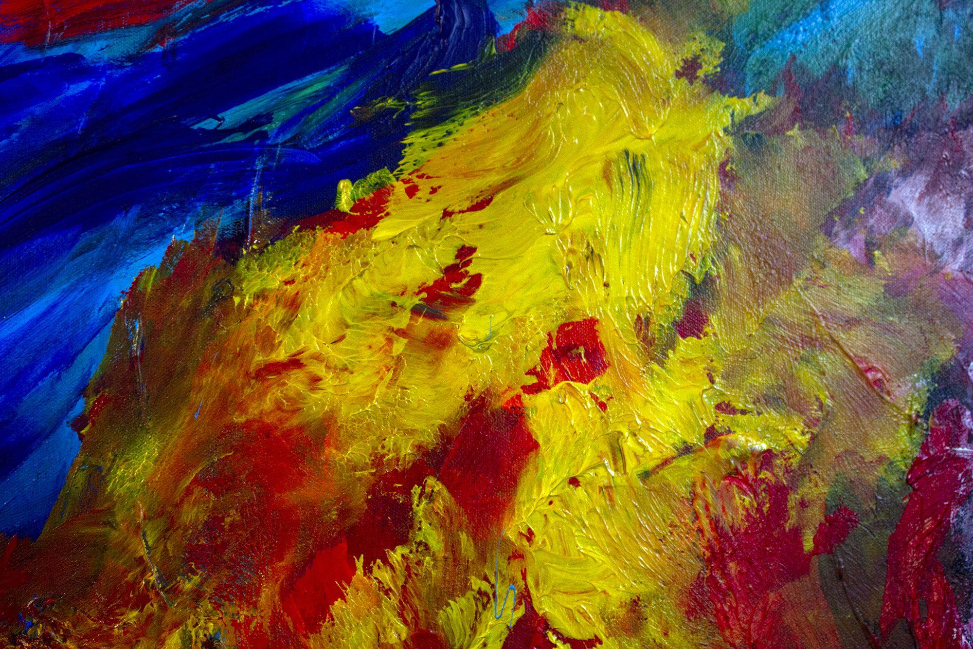 Falò nell'azzurro, Pittura, Acrilico su tela - Abstract Painting Nero di Nathalie Gribinski