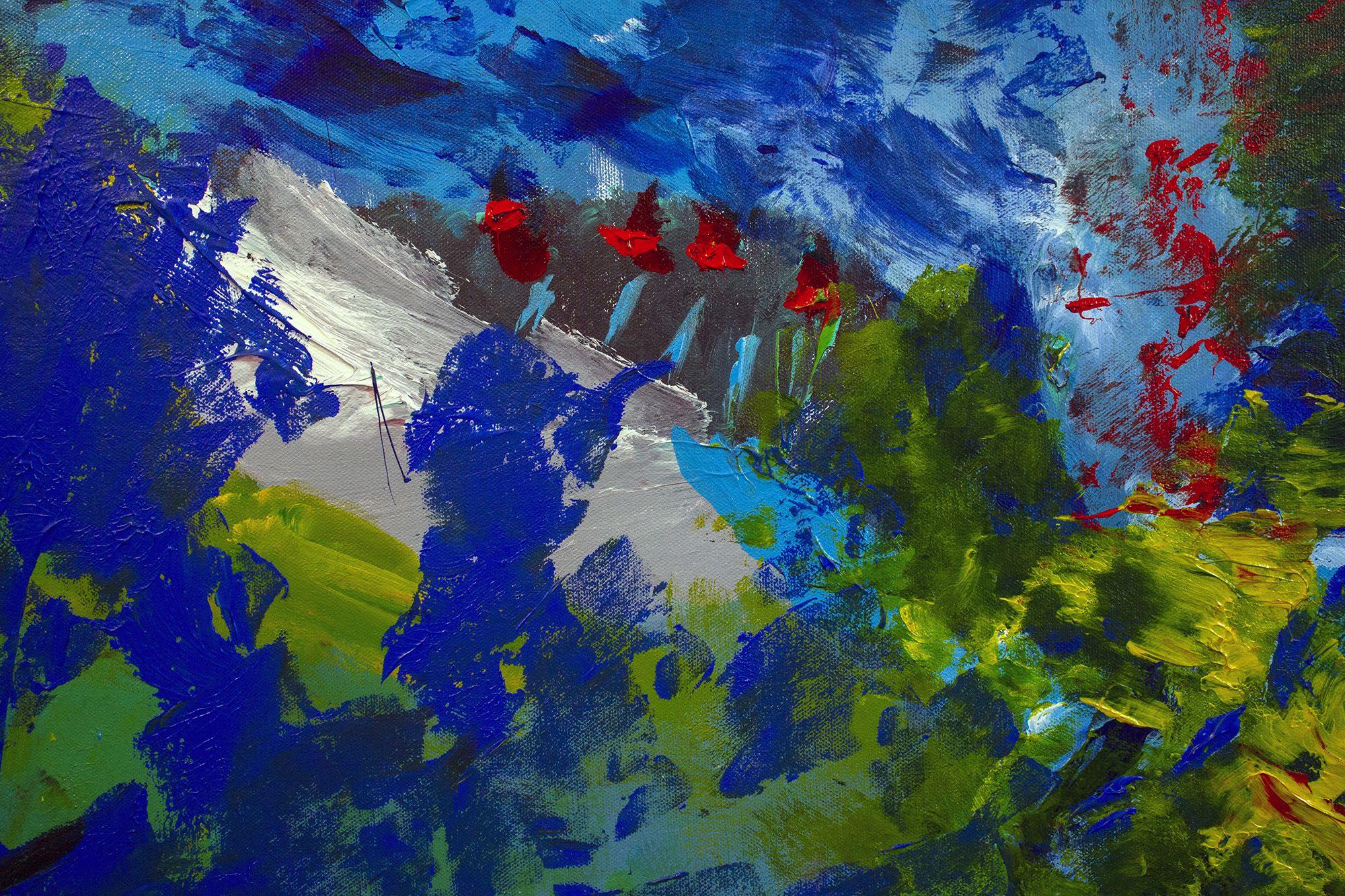 Arte astratta creata con acrilici su tela. Ho iniziato questo dipinto come un paesaggio più realistico di un viaggio che ho fatto in Provenza, Francia, e ho finito per usare una spugna per diversificare i colori e renderlo più astratto :: Pittura ::