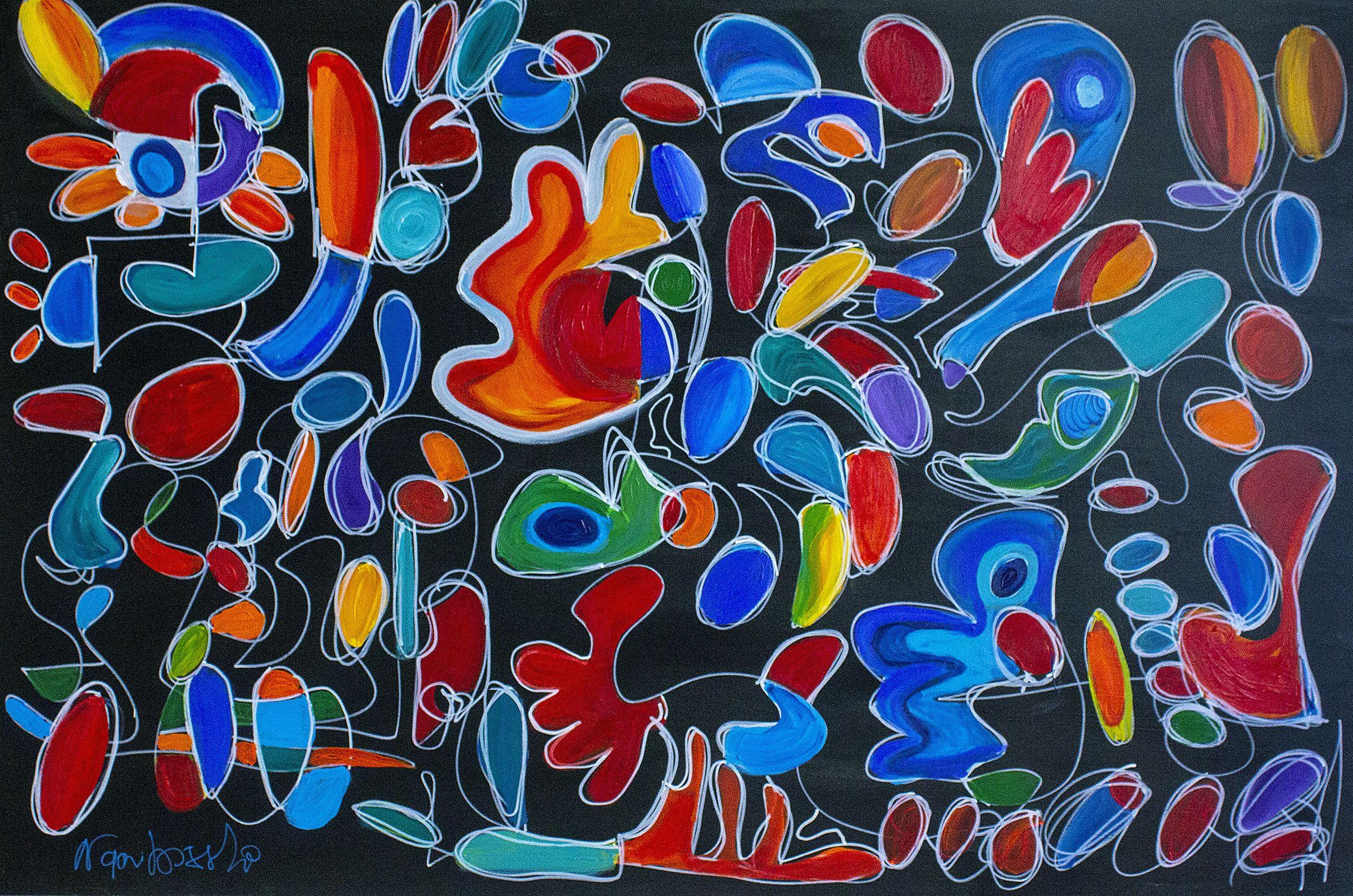 This abstract painting has been created with acrylics on canvas. In Dancing Butterflies, contrasts, light, and darkness create a dynamic    tension full of strength and determination. This sense of movement flows into every corner of the canvas,