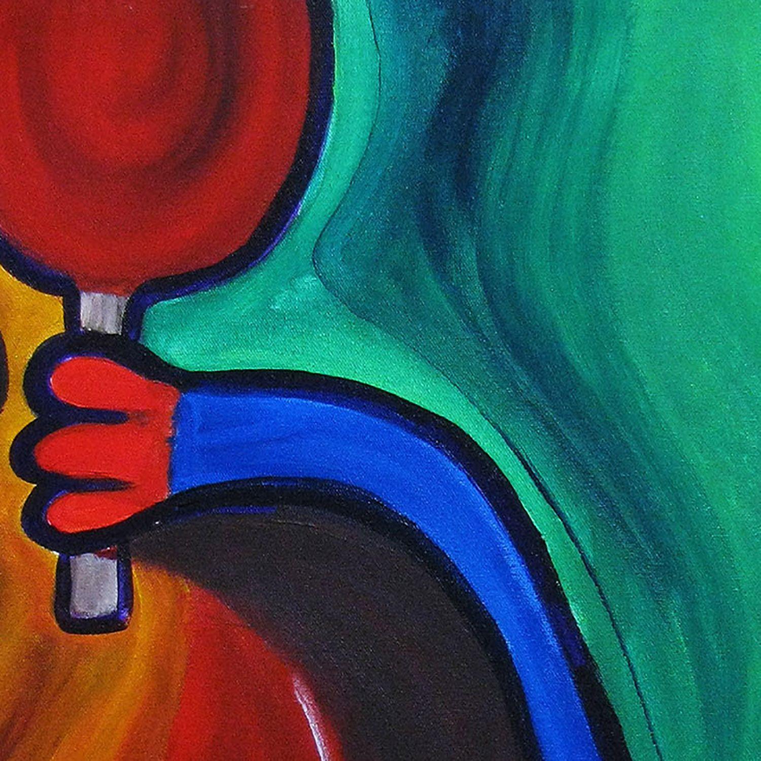 Questo quadro è una danza di sfere, una stravagante interpretazione del Ping-Pong. Quest'opera d'arte ha una profonda risonanza per me, che ho una passione per il tennis da tavolo. A prima vista, la protagonista in abito blu potrebbe sembrare