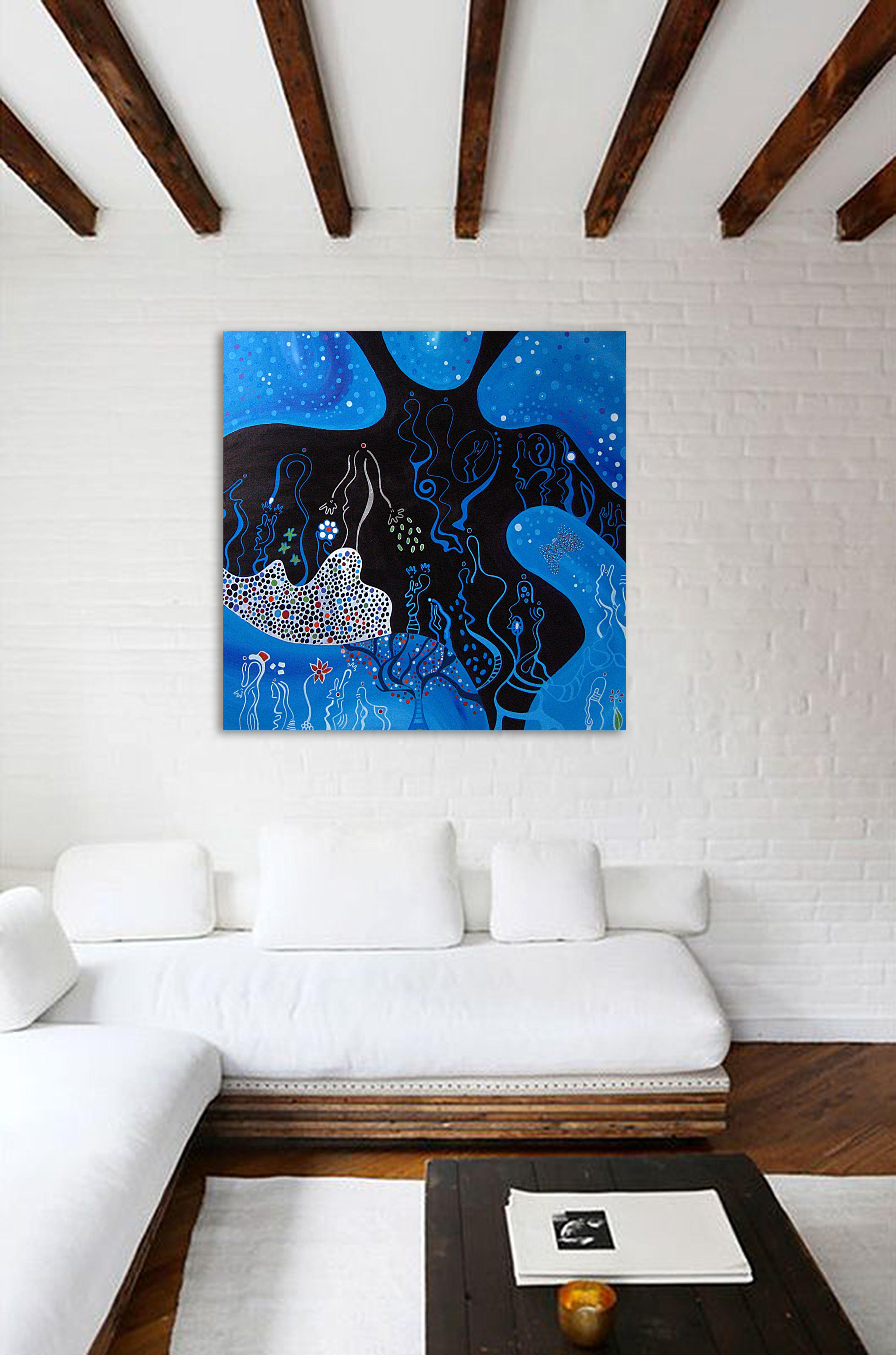 The celebration, Painting, Acrylic on Canvas - Blue Abstract Painting by Nathalie Gribinski