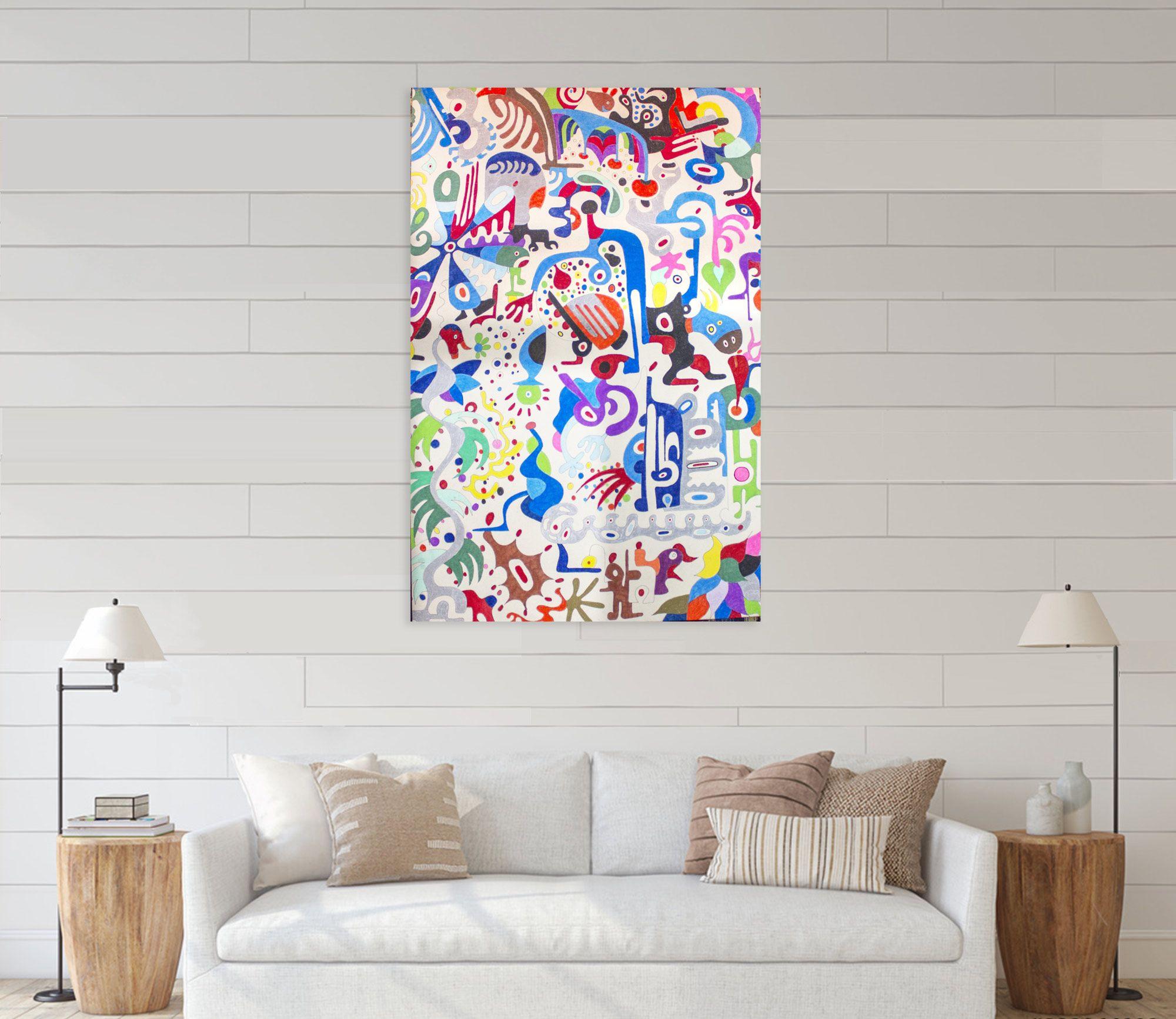 This painting is telling a story. There are a lot of different characters. We all don't see the same things but overall this means love and interaction. :: Painting :: Abstract :: This piece comes with an official certificate of authenticity signed