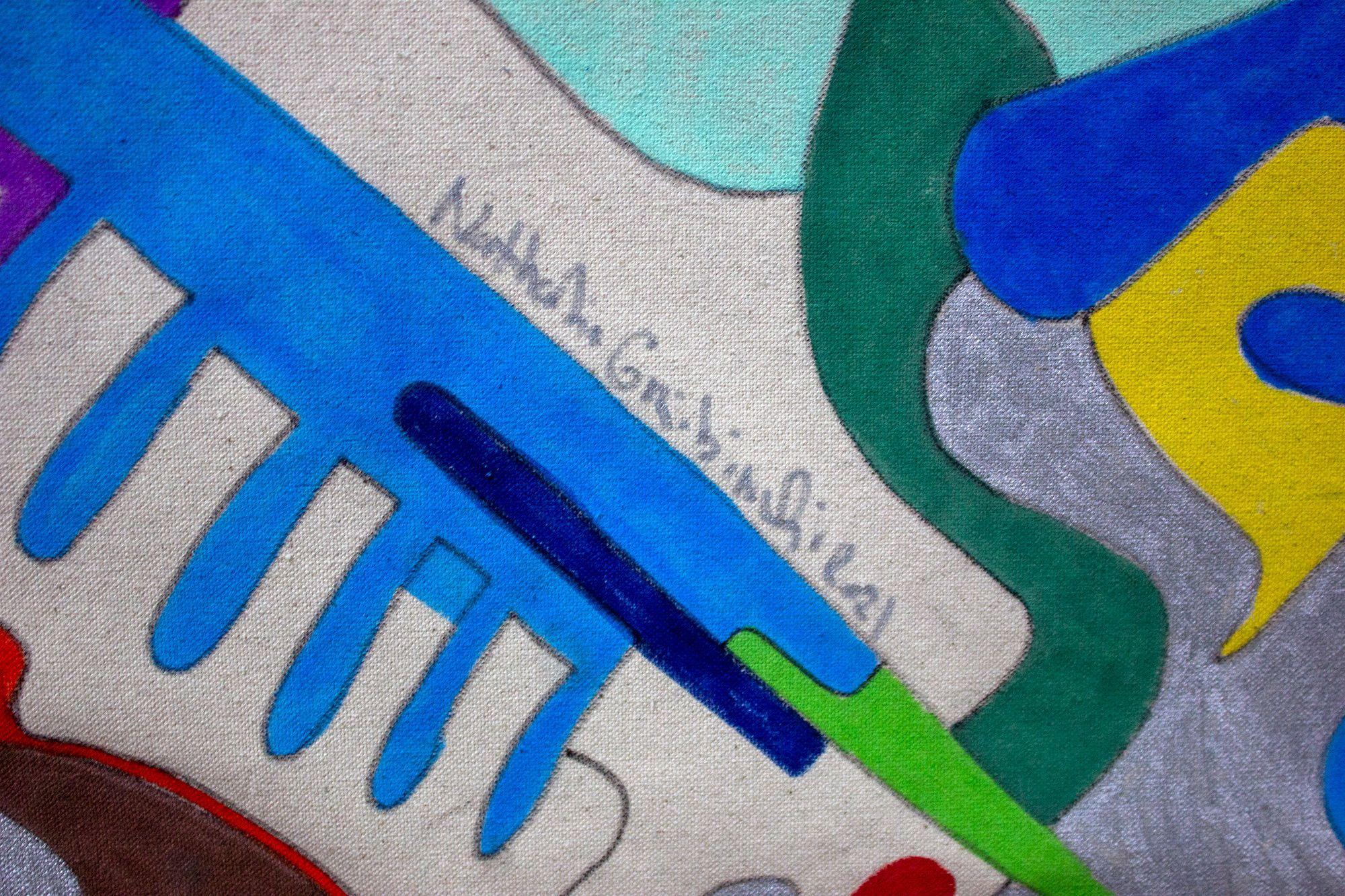 I tre moschettieri, Pittura, Olio su tela - Abstract Painting Grigio di Nathalie Gribinski