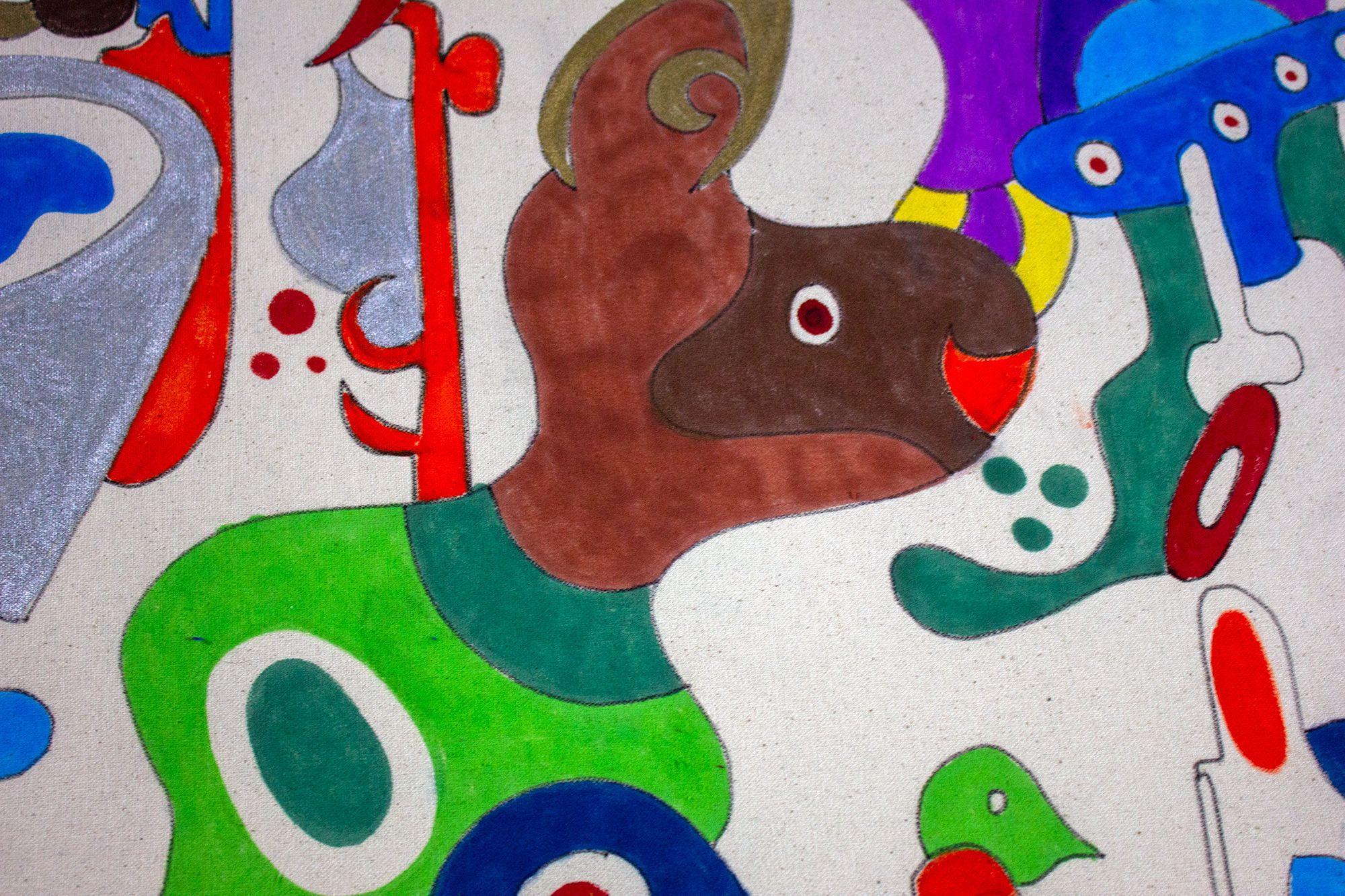 Questo dipinto racconta una storia. Ci sono molti personaggi diversi. In basso, vediamo tre moschettieri. I personaggi comunicano e si collegano come in una danza :: Pittura :: Astratta :: Questo pezzo viene fornito con un certificato ufficiale di