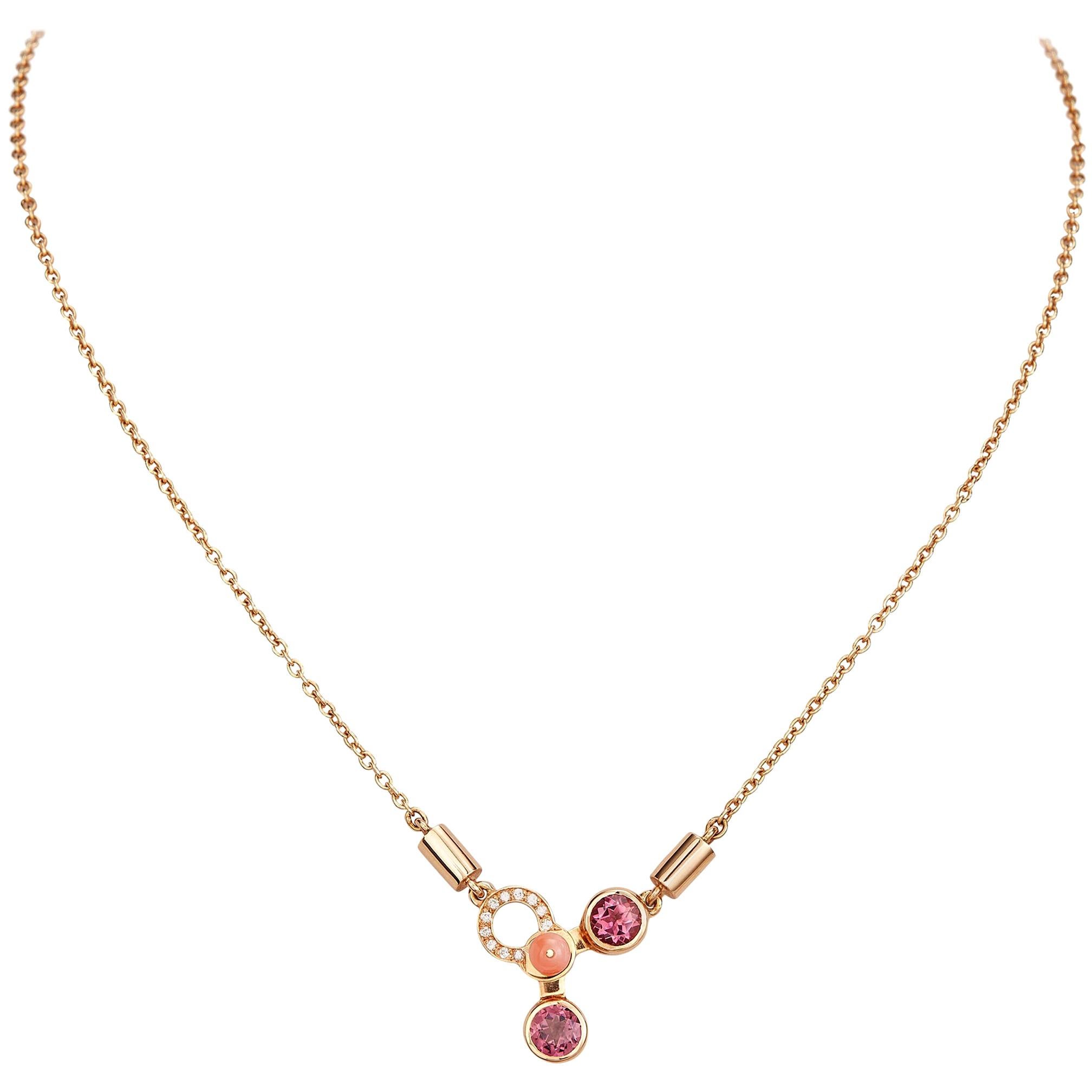 Nathalie Jean 0.06 Carat Diamond Tourmaline Carnelian Gold Drop Pendant Necklace