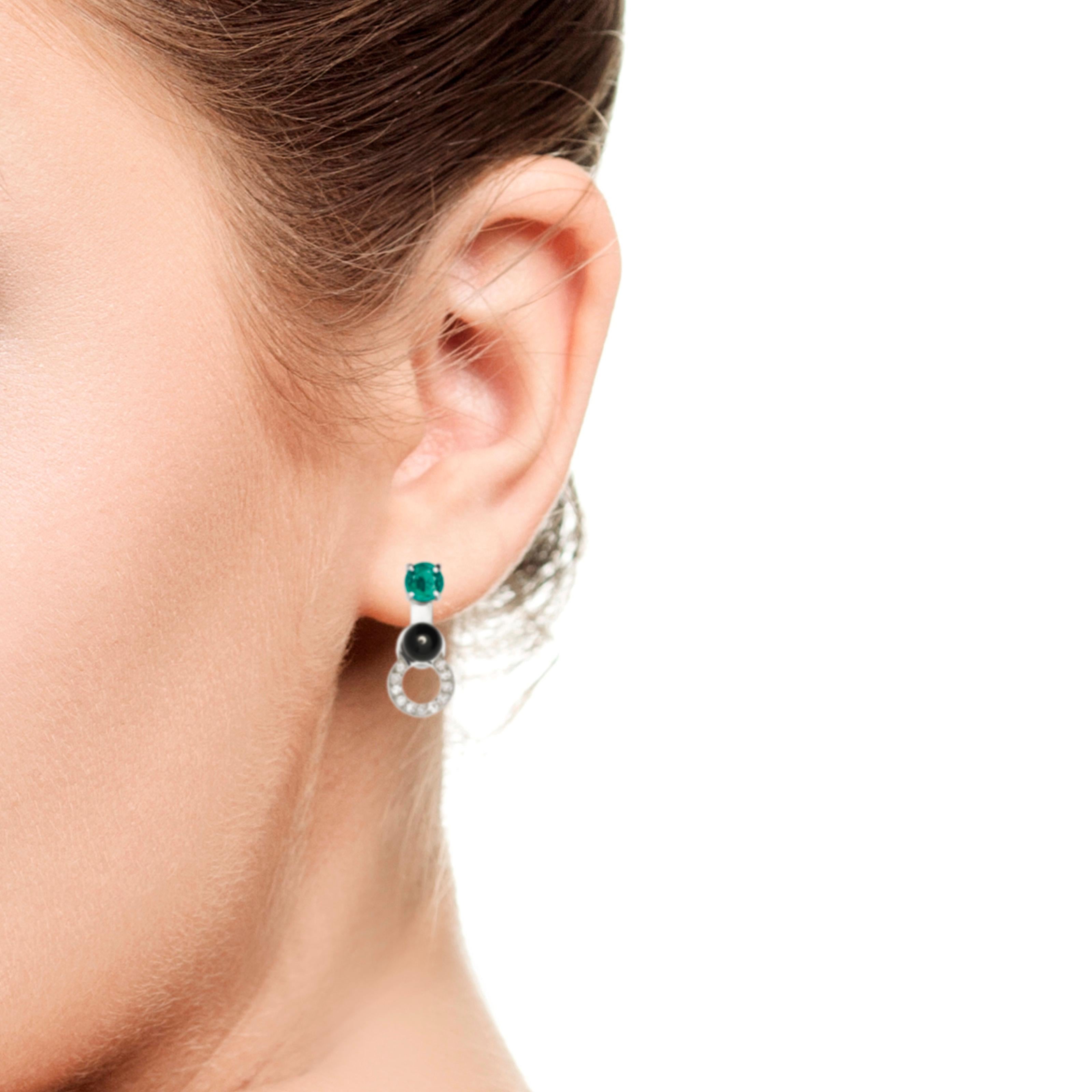 Contemporary Nathalie Jean 0.11 Carat Diamond Emerald Onyx White Gold Drop Dangle Earrings