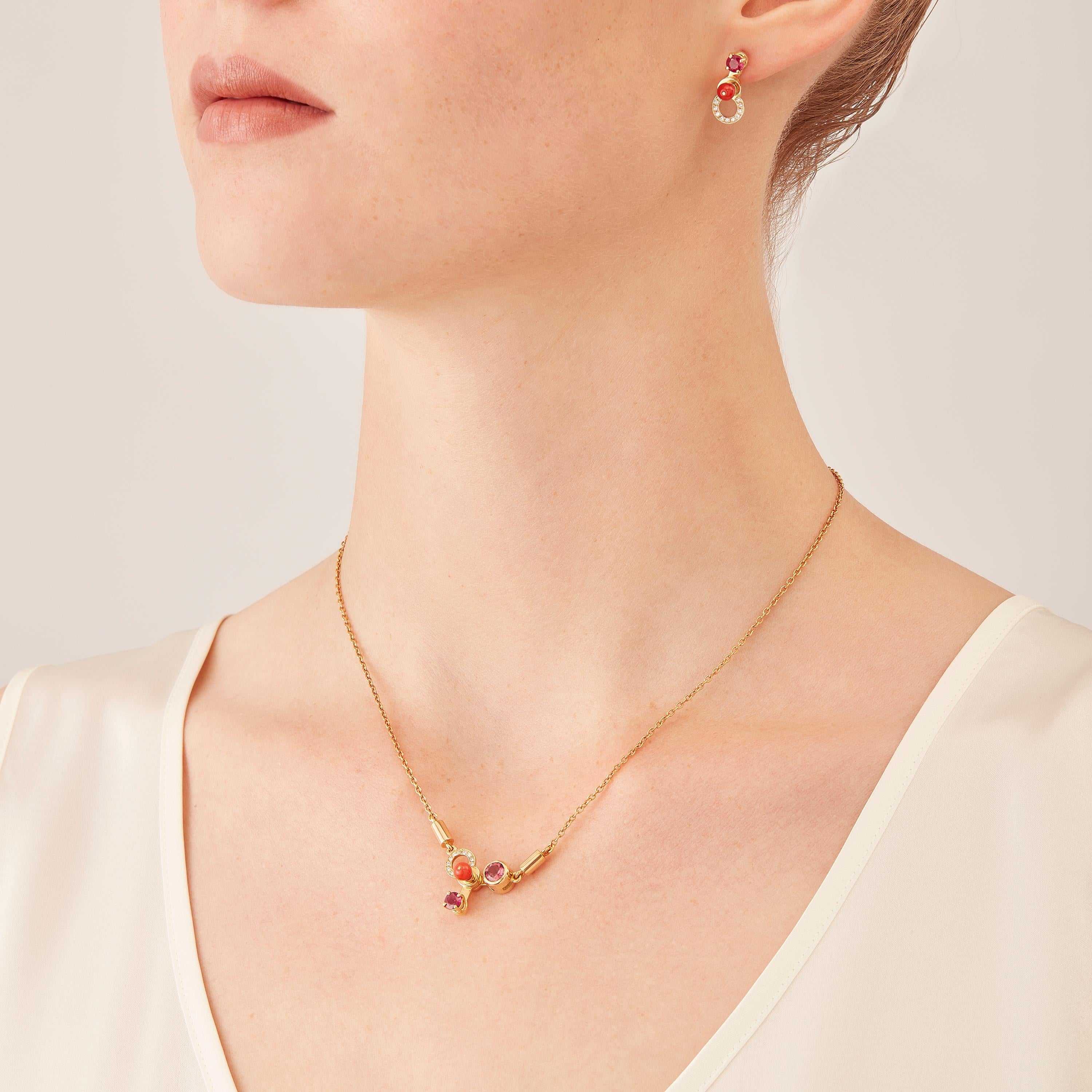 Contemporary Nathalie Jean 0.11 Carat Diamond Ruby Carnelian Gold Drop Dangle Earrings For Sale