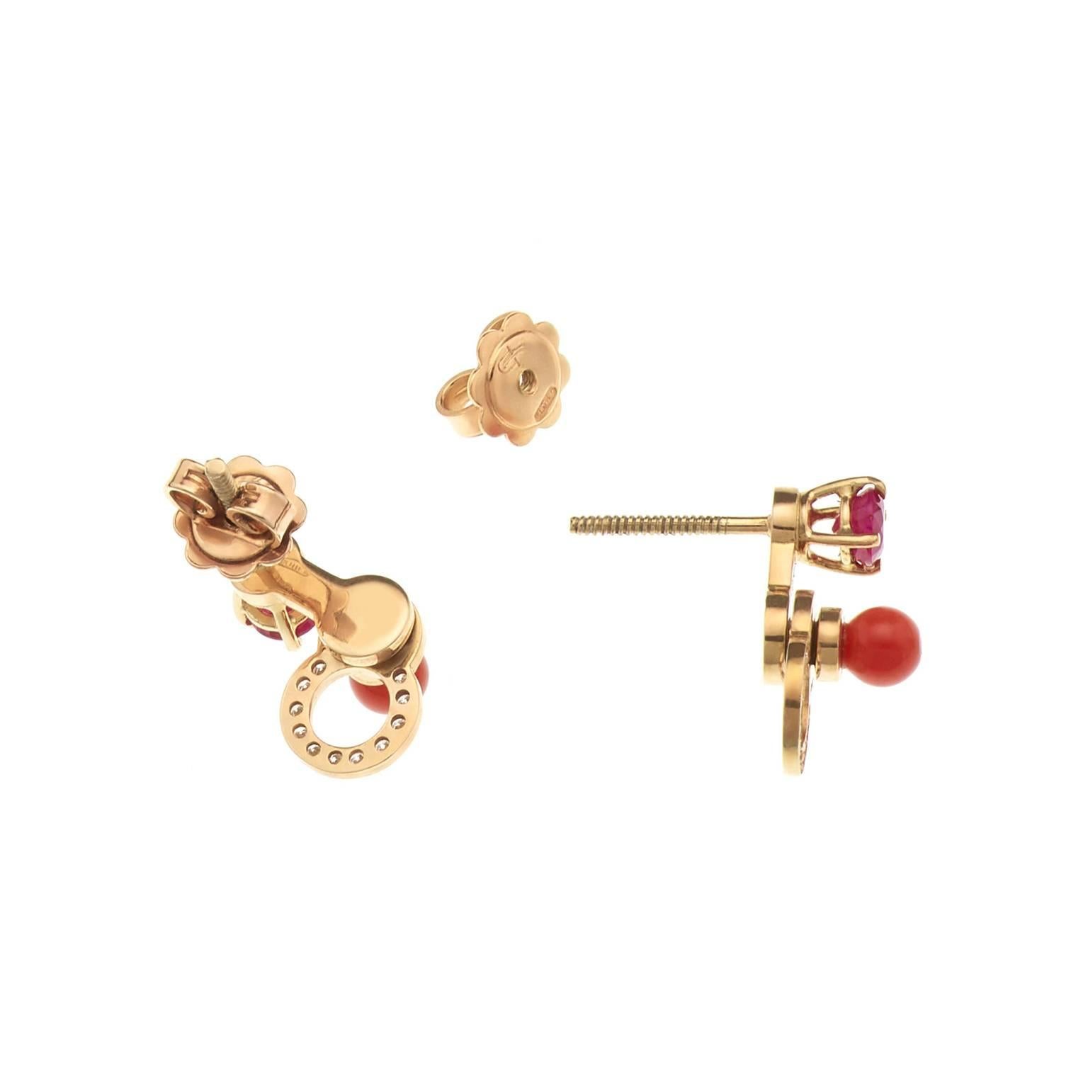Round Cut Nathalie Jean 0.11 Carat Diamond Ruby Carnelian Gold Drop Dangle Earrings For Sale
