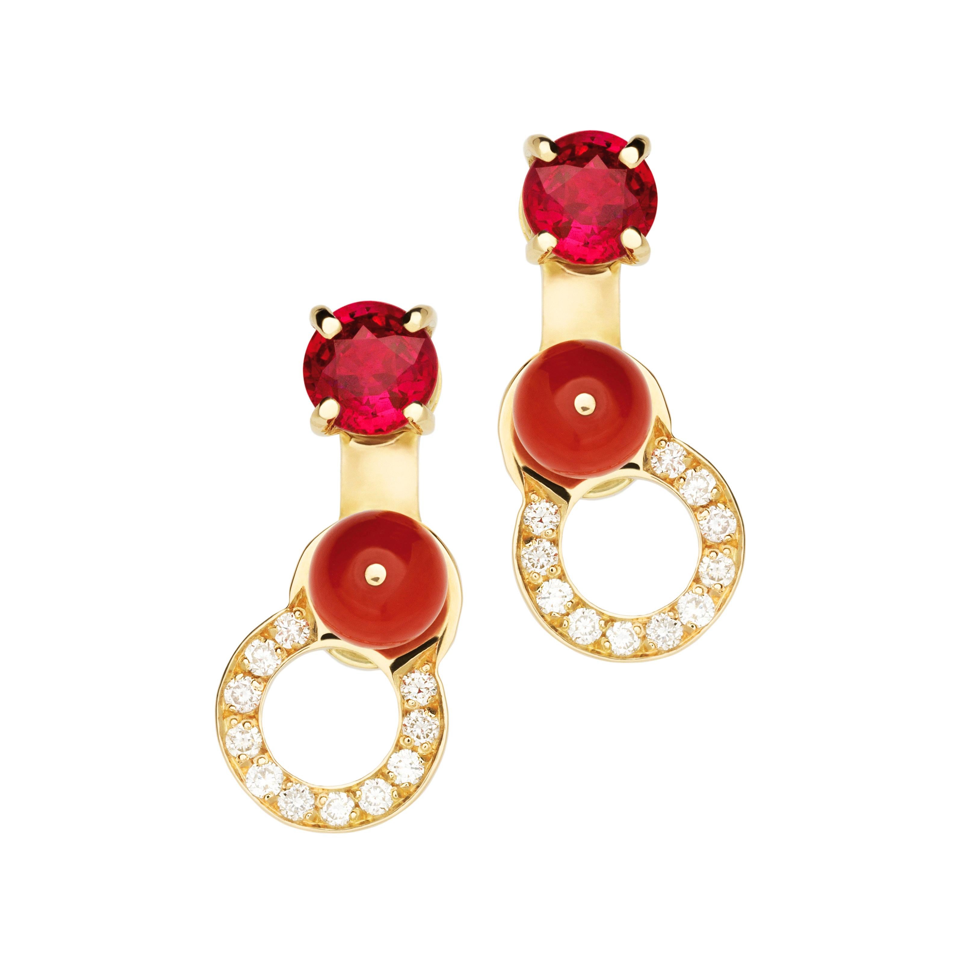 Women's or Men's Nathalie Jean 0.11 Carat Diamond Ruby Carnelian Gold Drop Dangle Earrings For Sale