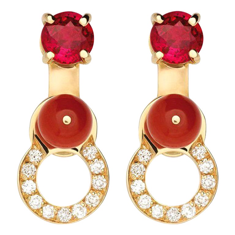 Nathalie Jean 0.11 Carat Diamond Ruby Carnelian Gold Drop Dangle Earrings
