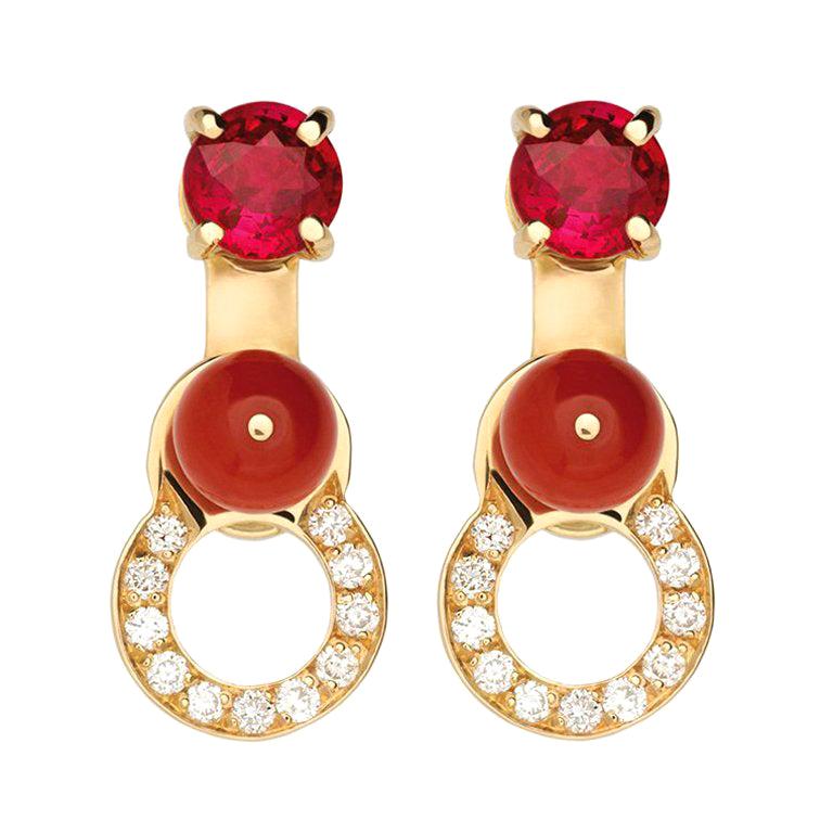 Nathalie Jean 0.11 Carat Diamond Ruby Carnelian Gold Drop Dangle Earrings For Sale