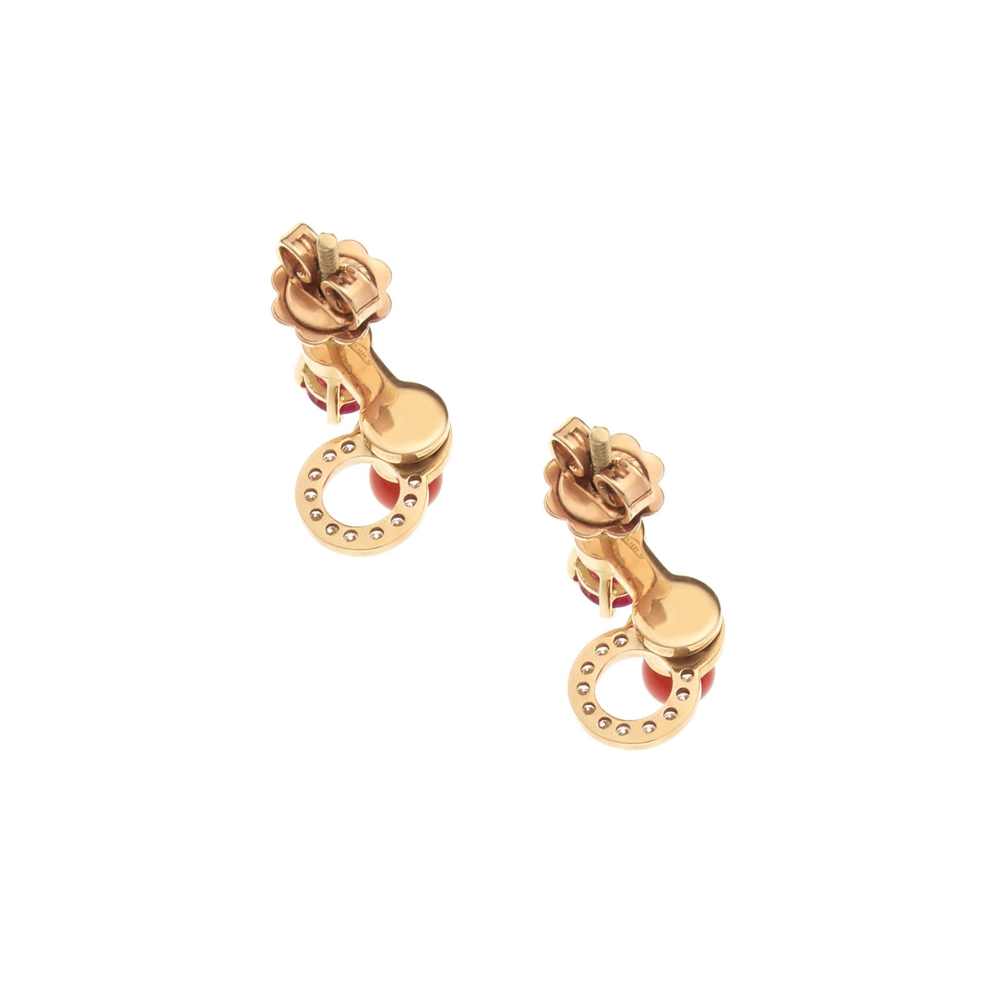 Round Cut Nathalie Jean 0.11 Carat Diamond Ruby Carnelian Gold Drop Dangle Earrings