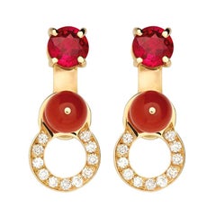 Nathalie Jean 0.11 Carat Diamond Ruby Carnelian Gold Drop Dangle Earrings