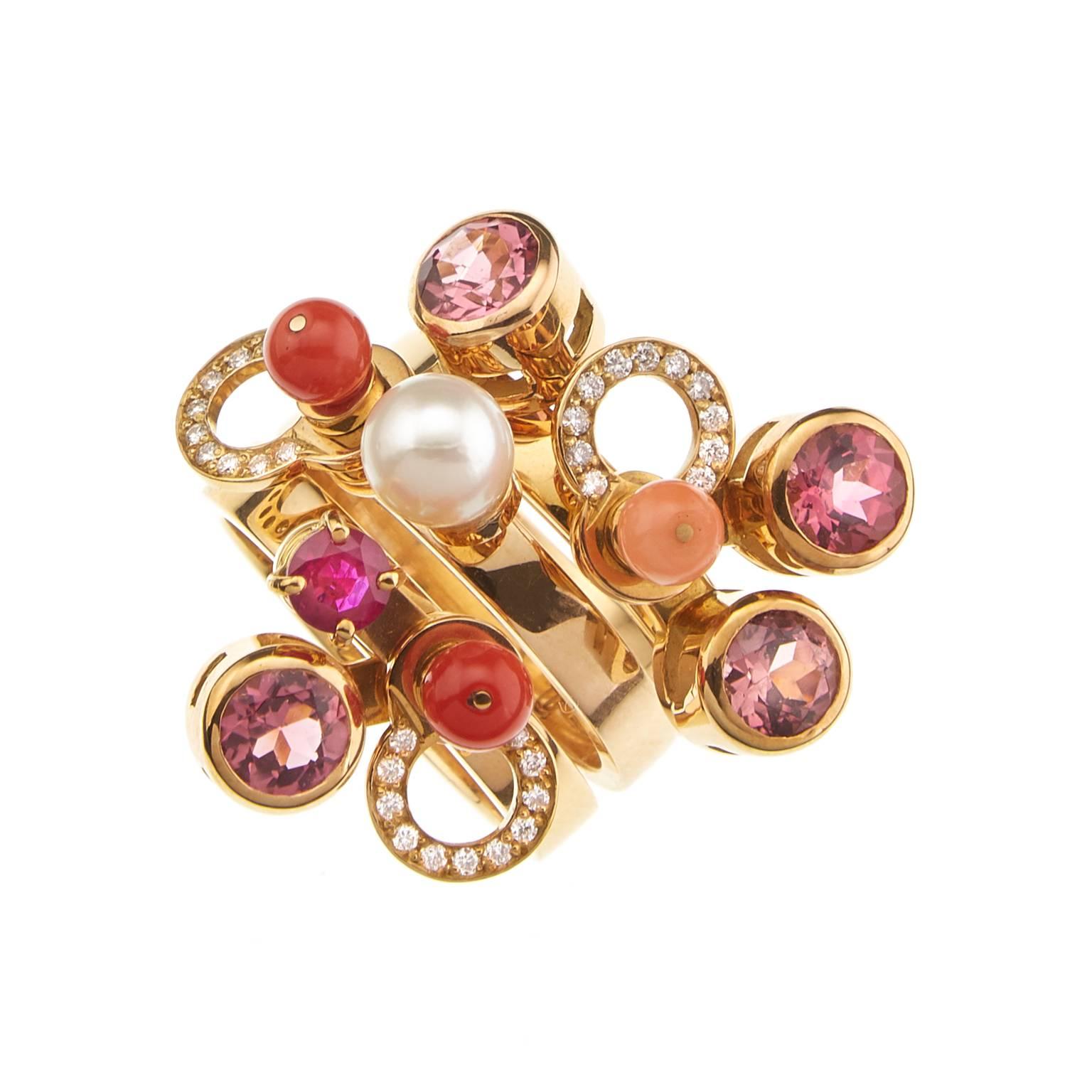 Contemporary Nathalie Jean Diamond Ruby Tourmaline Pearl Gold Colorful Cocktail Ring