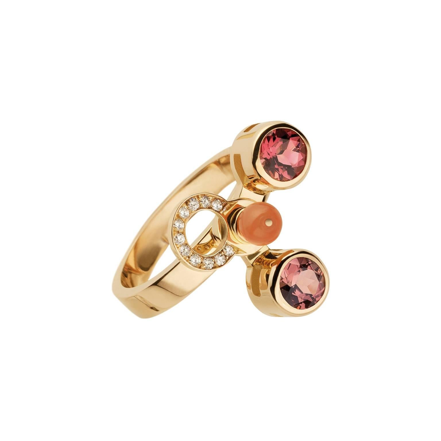 Women's or Men's Nathalie Jean Diamond Ruby Tourmaline Pearl Gold Colorful Cocktail Ring