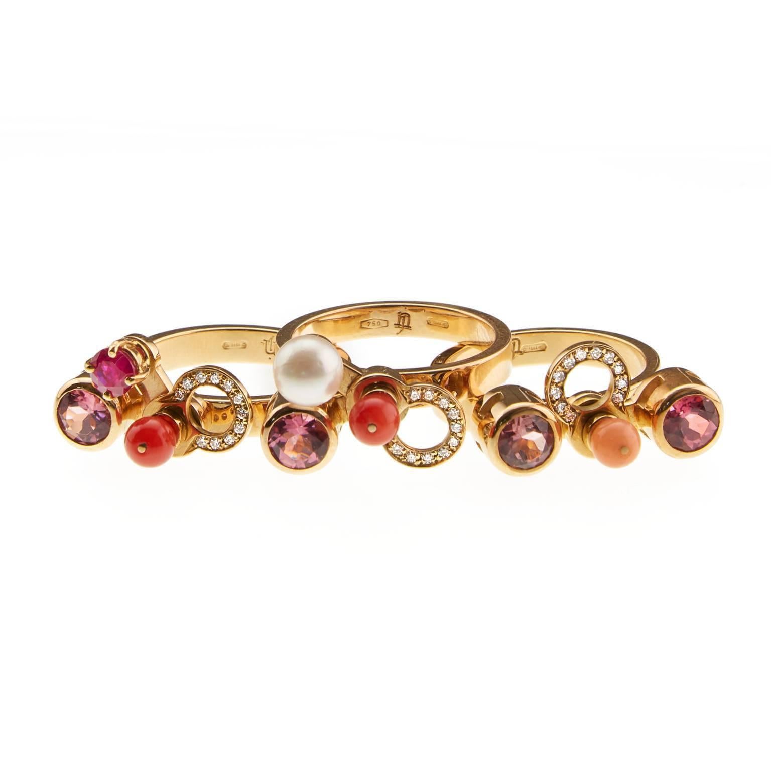 Nathalie Jean Diamond Ruby Tourmaline Pearl Gold Colorful Cocktail Ring 1