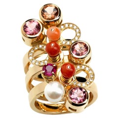 Nathalie Jean Diamond Ruby Tourmaline Pearl Gold Colorful Cocktail Rings