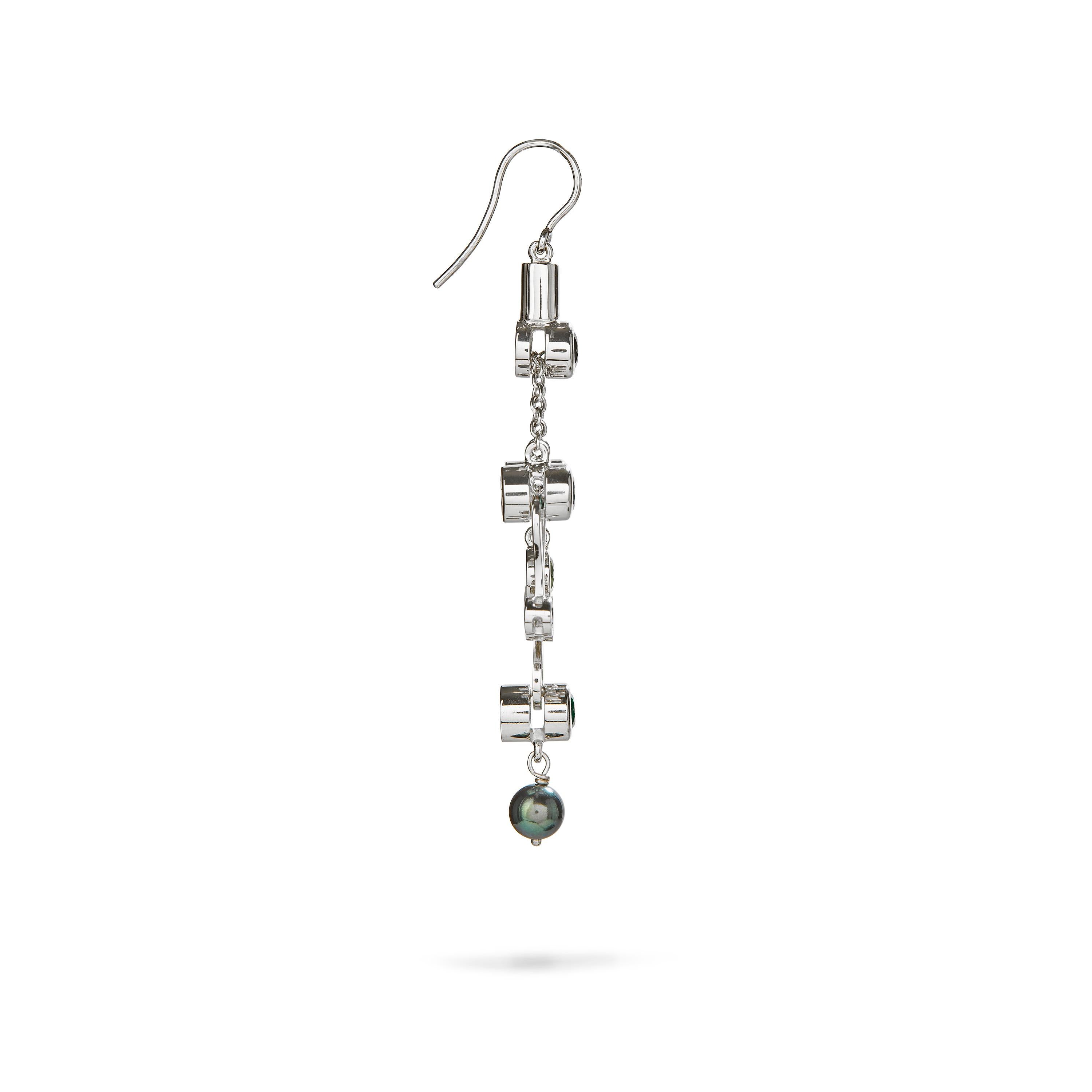 Contemporary Nathalie Jean 0.20 Carat Diamond Emerald Tourmaline Black Pearl Gold Earrings For Sale