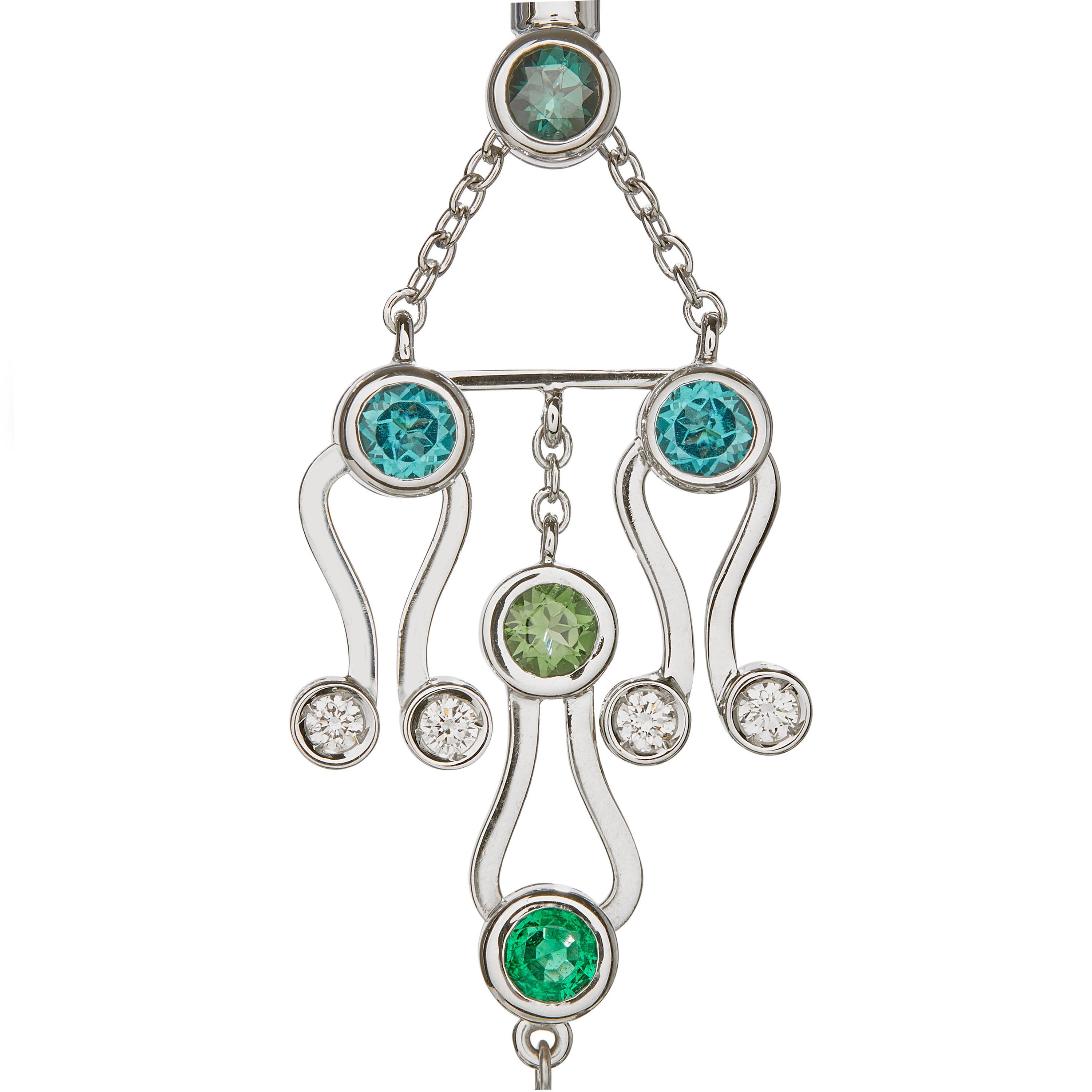Round Cut Nathalie Jean 0.20 Carat Diamond Emerald Tourmaline Black Pearl Gold Earrings For Sale