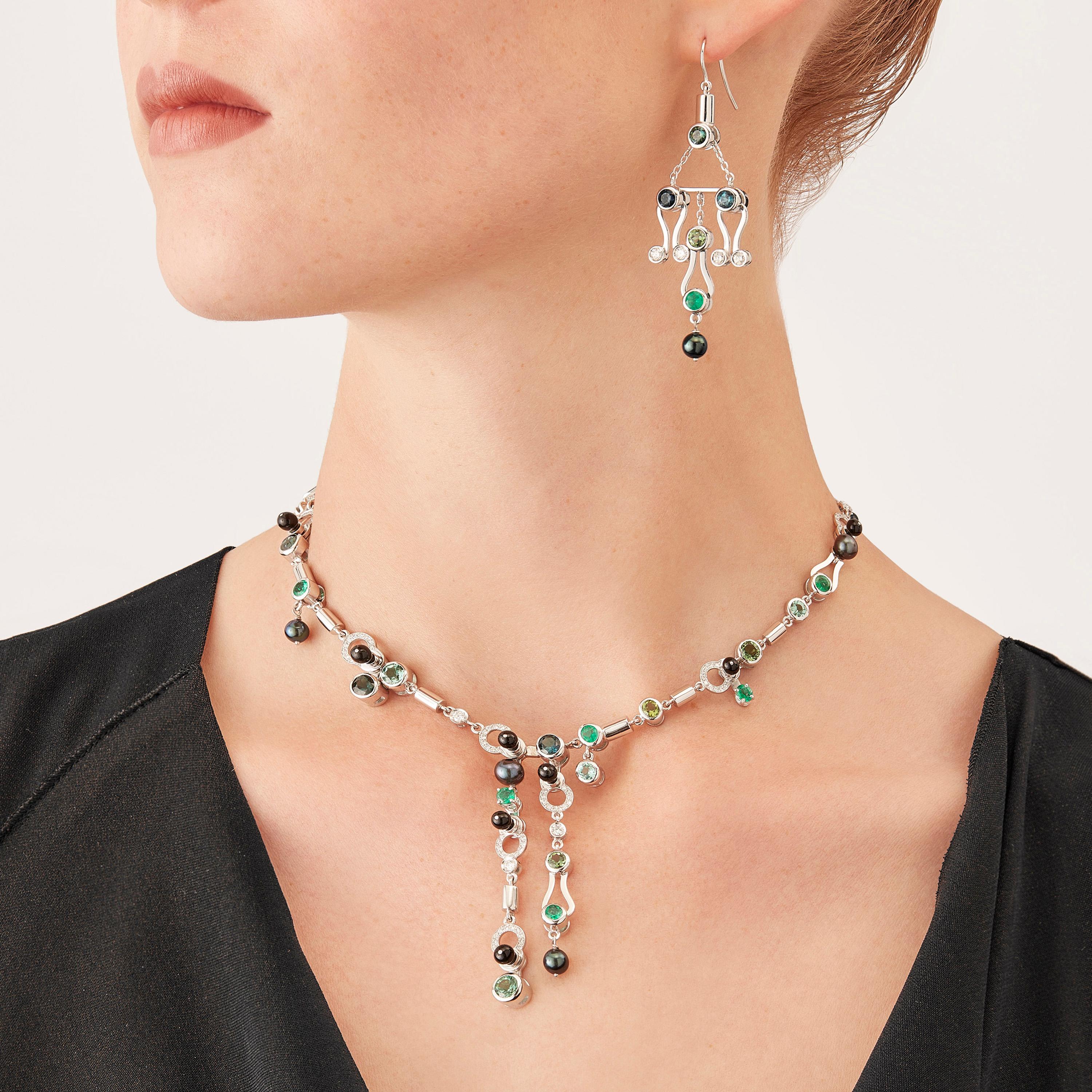 Nathalie Jean 0.20 Carat Diamond Emerald Tourmaline Black Pearl Gold Earrings In New Condition For Sale In Milan, Lombardia