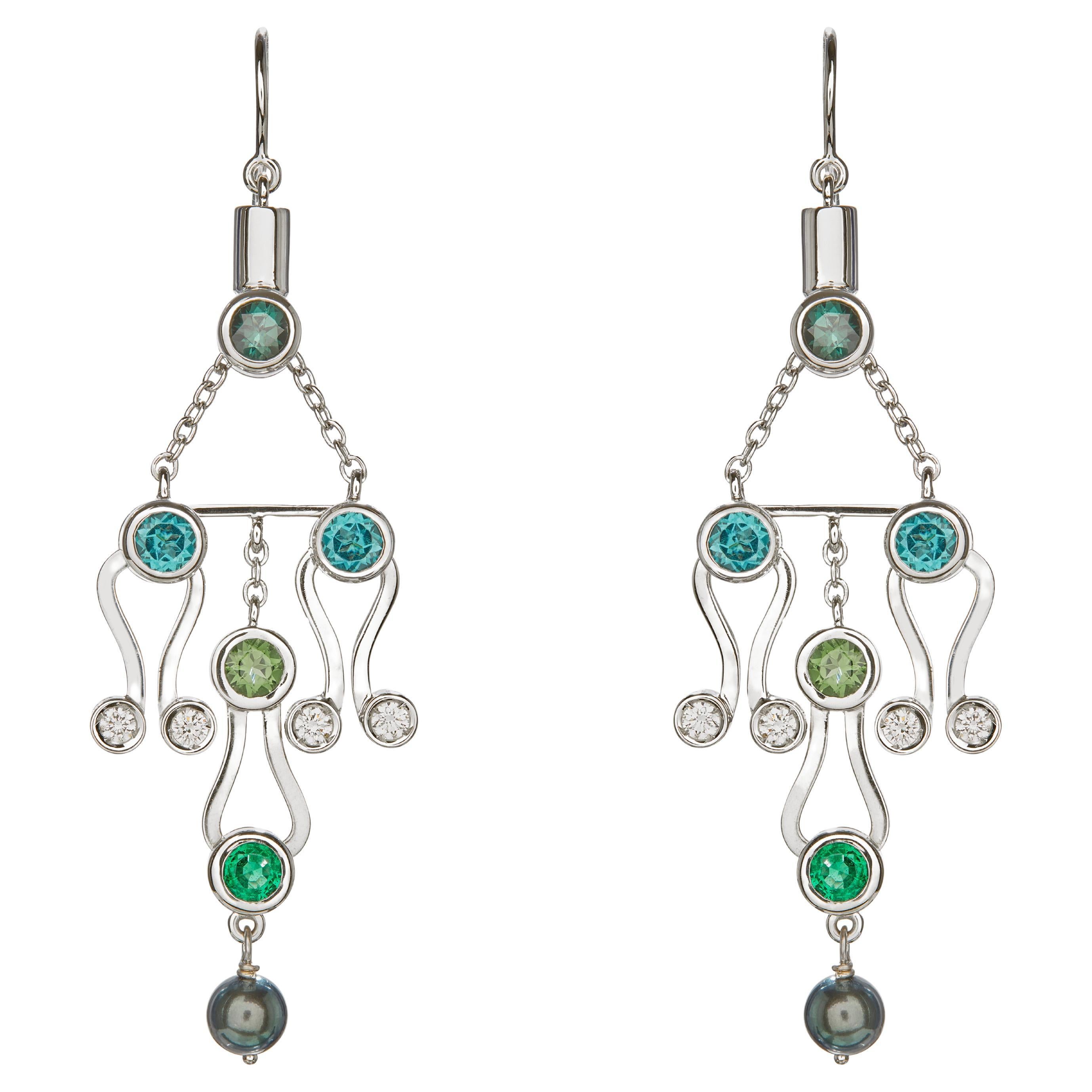 Nathalie Jean 0.20 Carat Diamond Emerald Tourmaline Black Pearl Gold Earrings