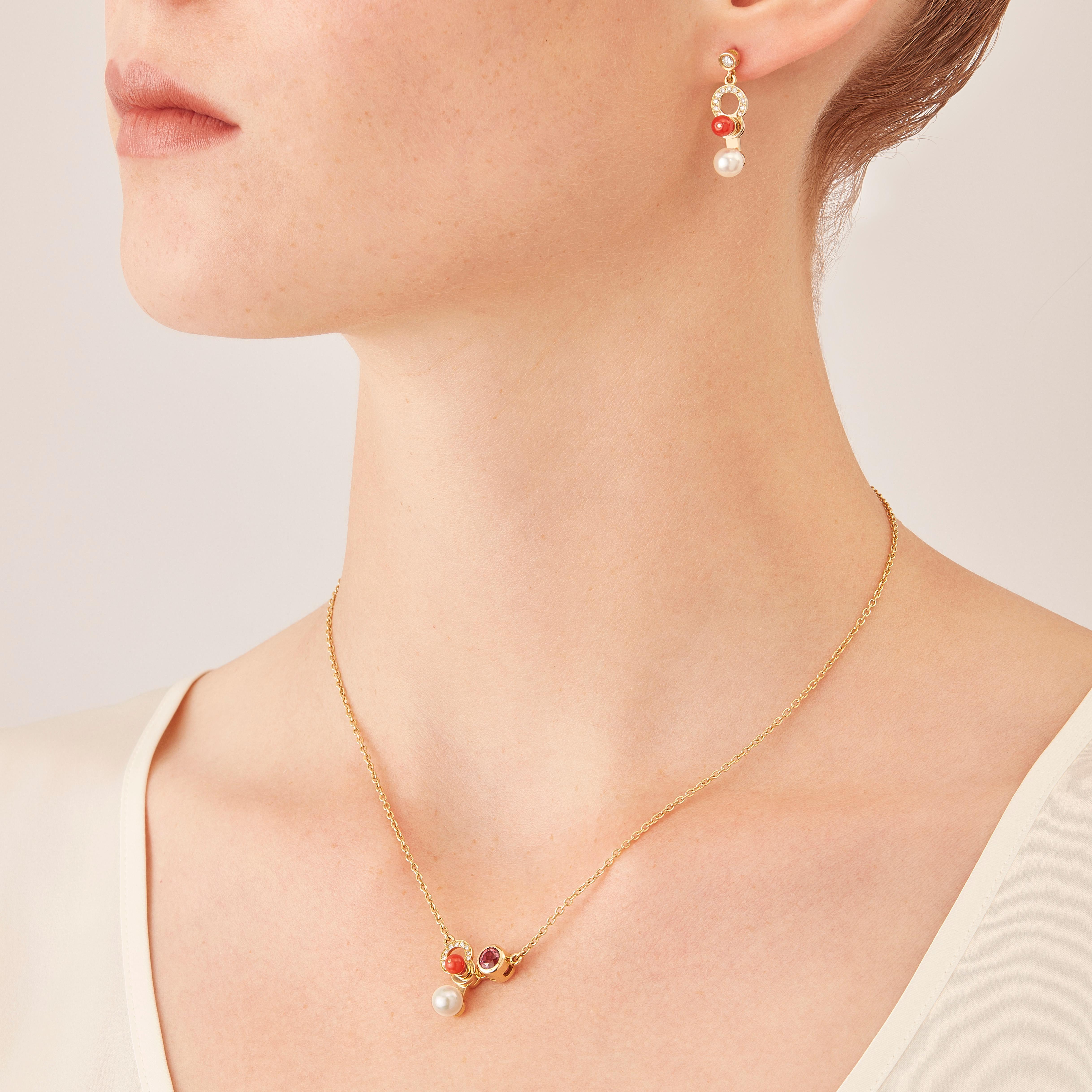Contemporary Nathalie Jean 0.21 Carat Diamond Pearl Carnelian Gold Drop Dangle Earrings For Sale