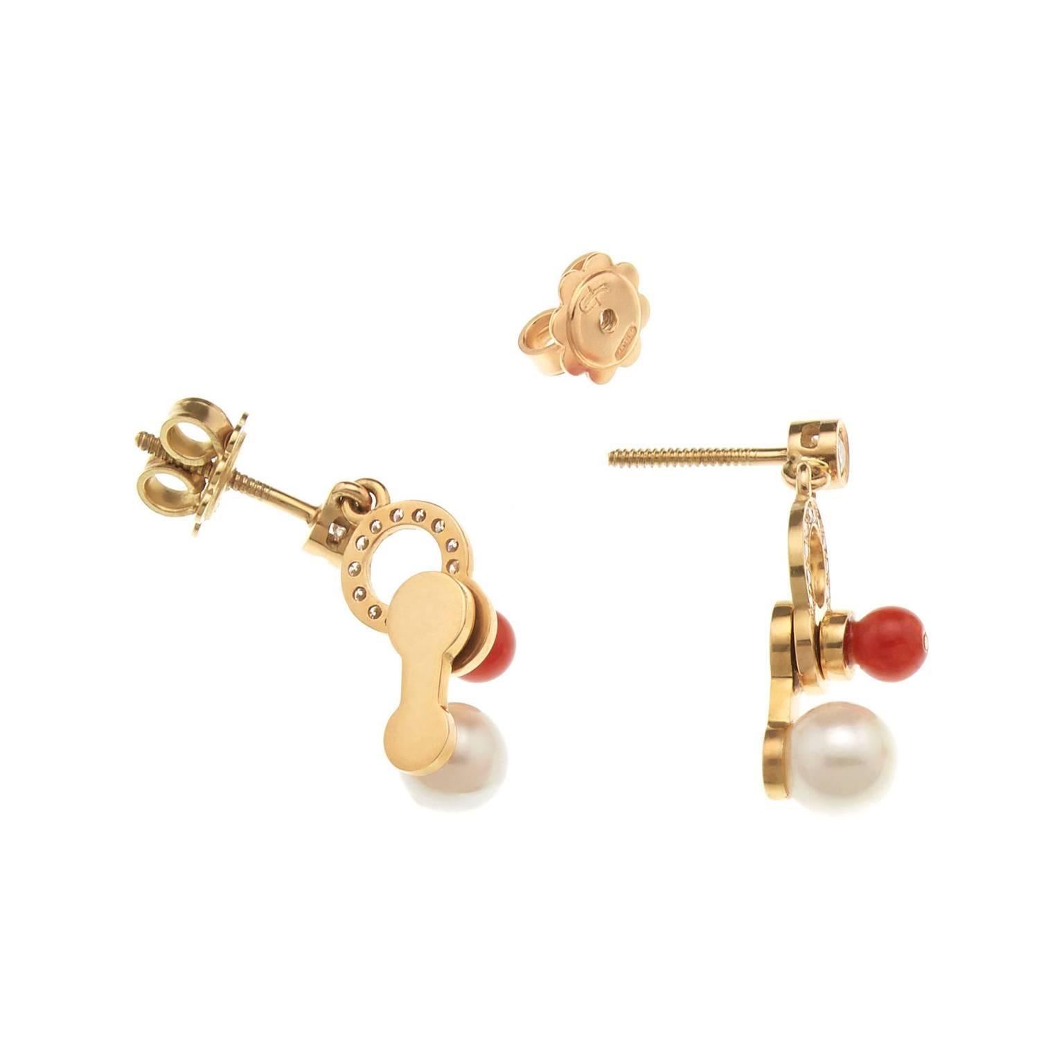 Round Cut Nathalie Jean 0.21 Carat Diamond Pearl Carnelian Gold Drop Dangle Earrings For Sale