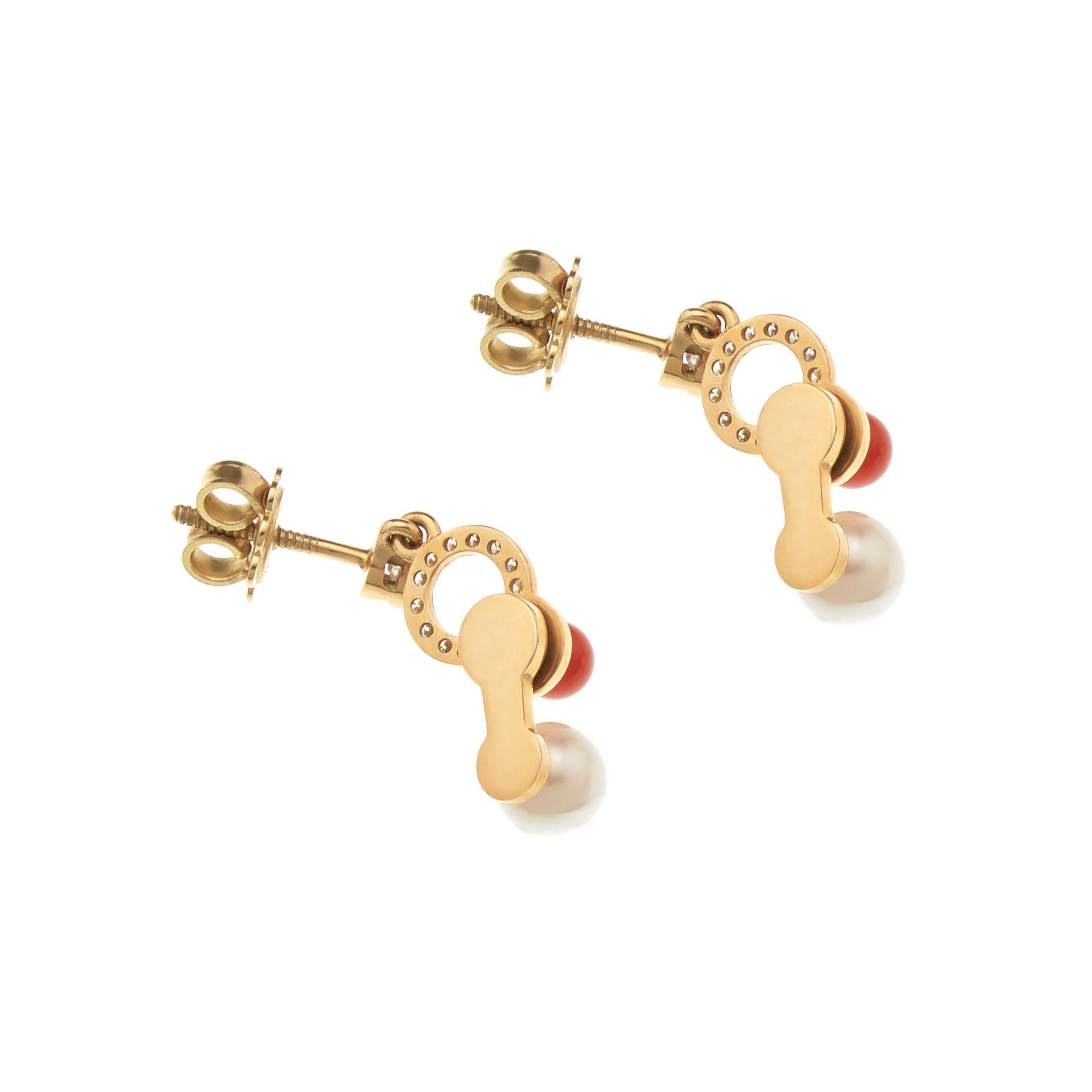 Nathalie Jean 0.21 Carat Diamond Pearl Carnelian Gold Drop Dangle Earrings In New Condition For Sale In Milan, Lombardia