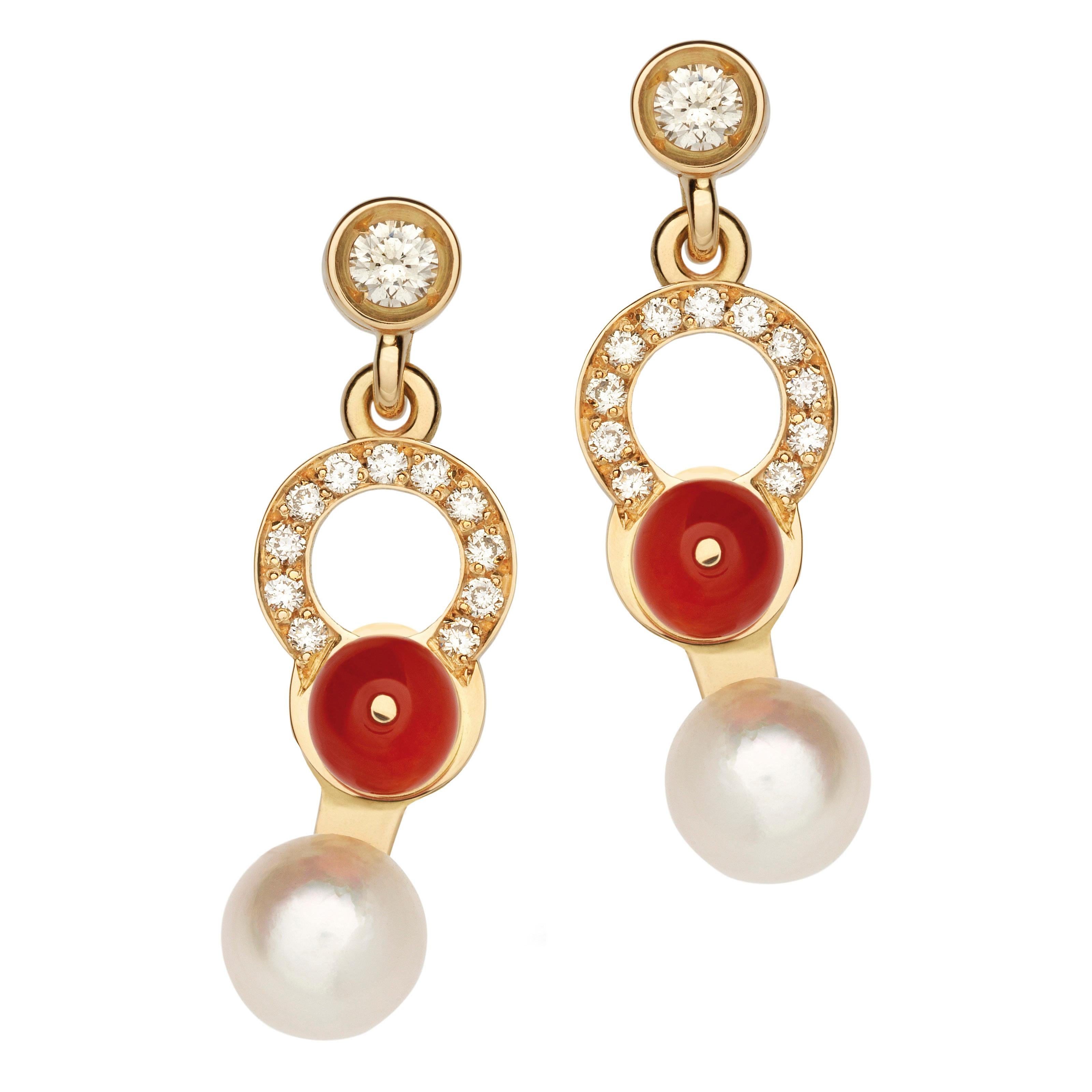 Women's or Men's Nathalie Jean 0.21 Carat Diamond Pearl Carnelian Gold Drop Dangle Earrings For Sale