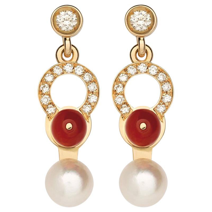 Nathalie Jean 0.21 Carat Diamond Pearl Carnelian Gold Drop Dangle Earrings
