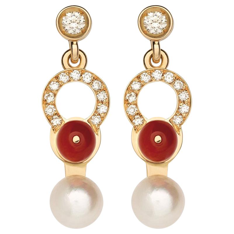Nathalie Jean 0.21 Carat Diamond Pearl Carnelian Gold Drop Dangle Earrings