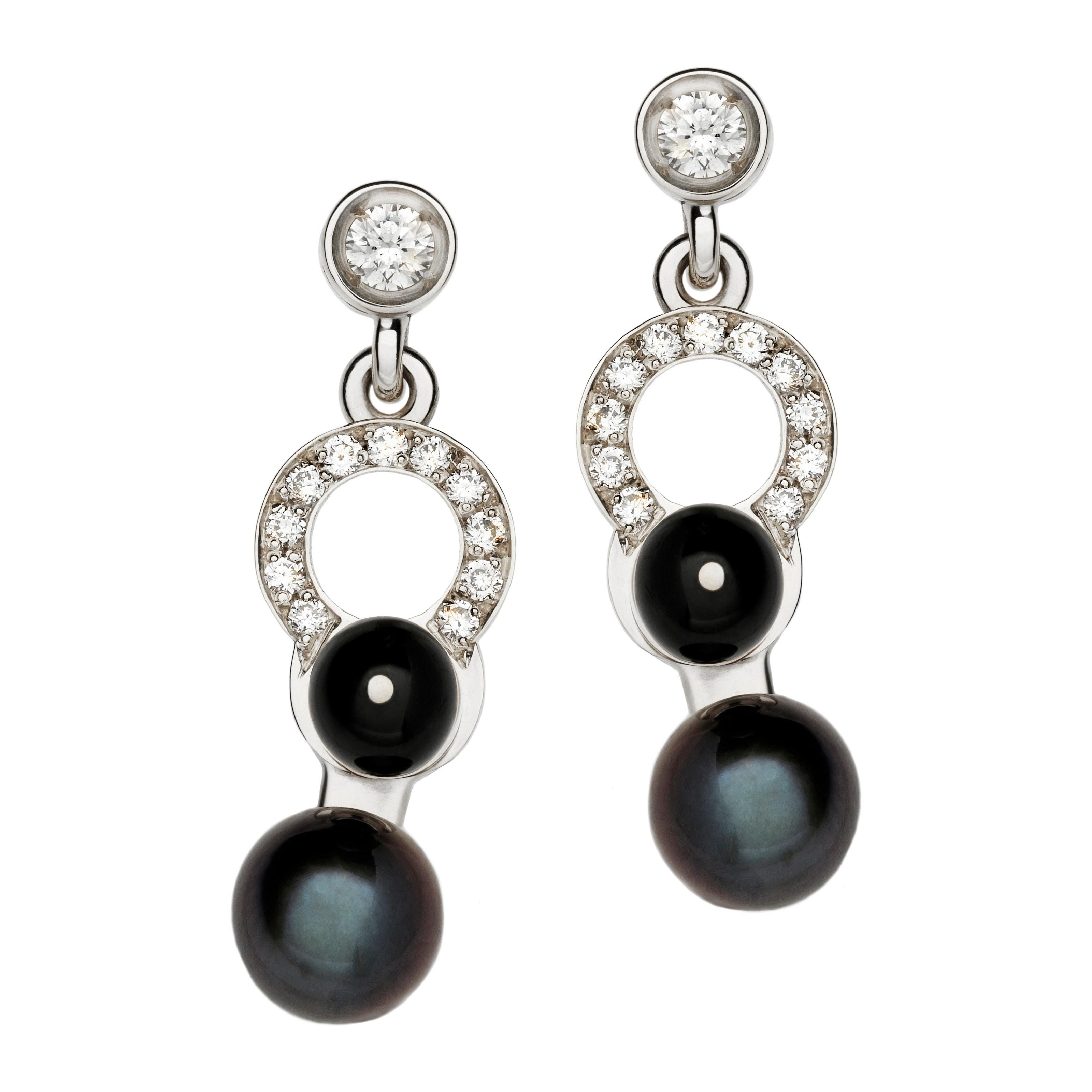 Women's Nathalie Jean 0.21 Carat Diamond Pearl Onyx White Gold Drop Dangle Earrings