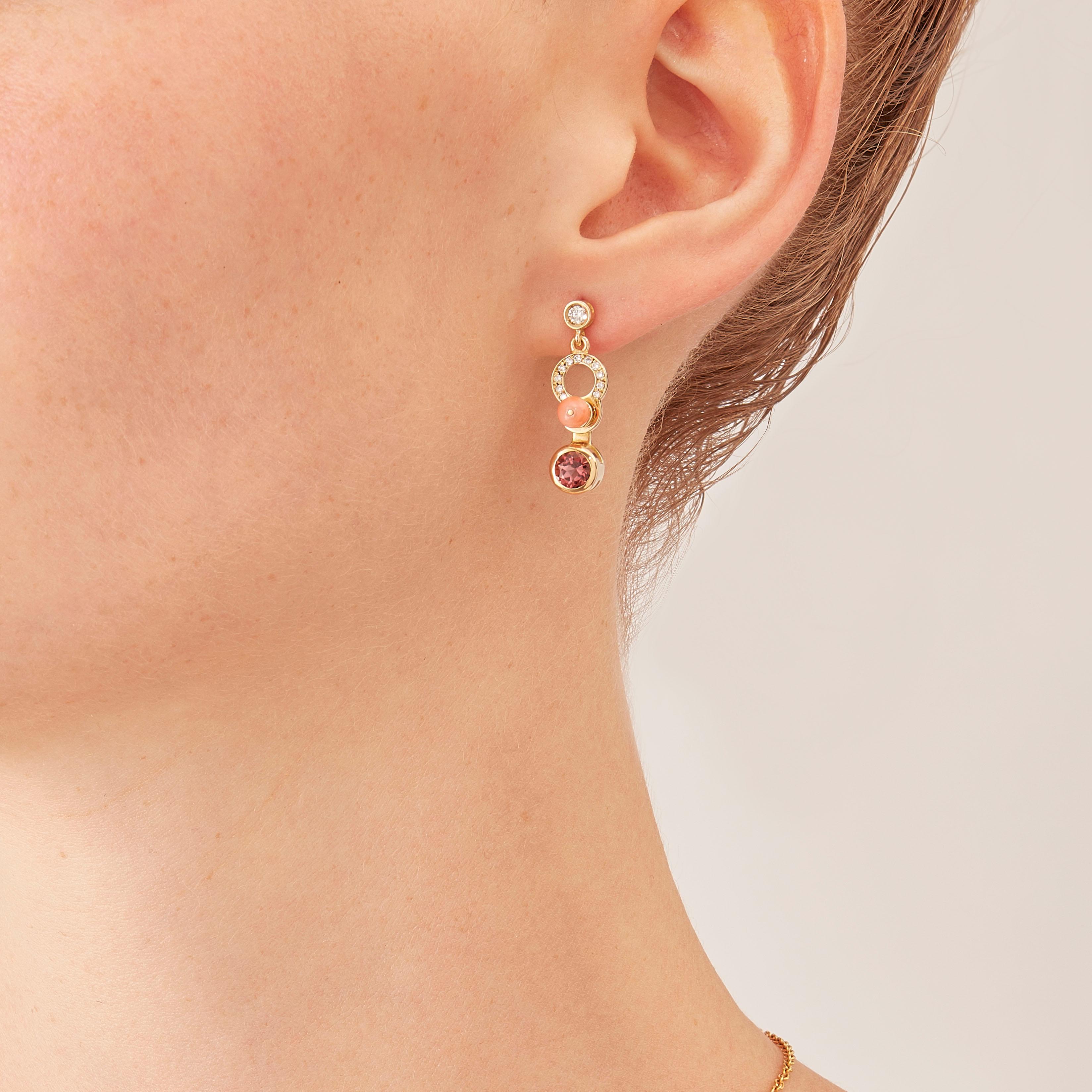 Contemporary Nathalie Jean 0.21 Carat Diamond Tourmaline Carnelian Gold Drop Dangle Earrings